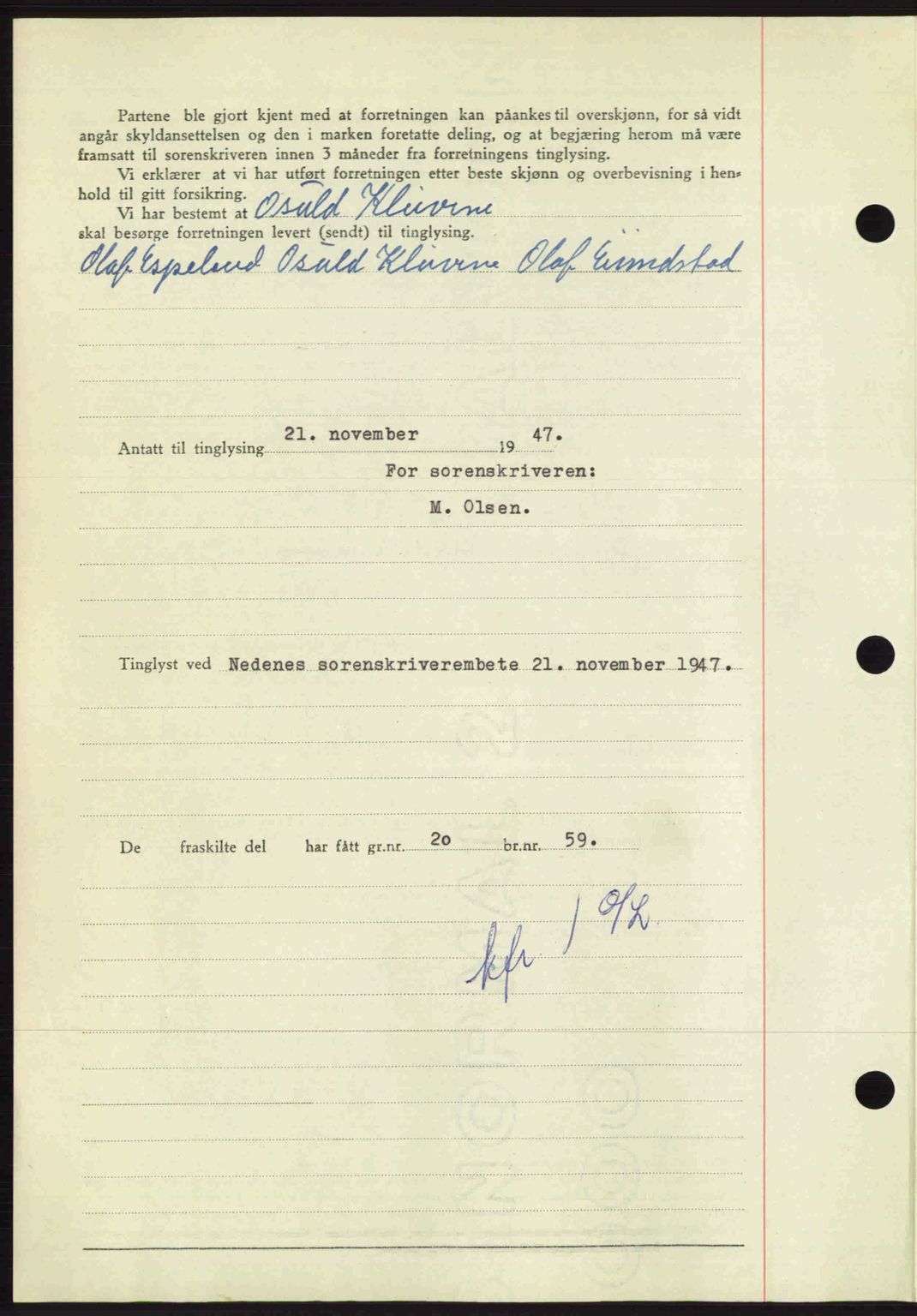 Nedenes sorenskriveri, AV/SAK-1221-0006/G/Gb/Gba/L0058: Mortgage book no. A10, 1947-1948, Diary no: : 1734/1947