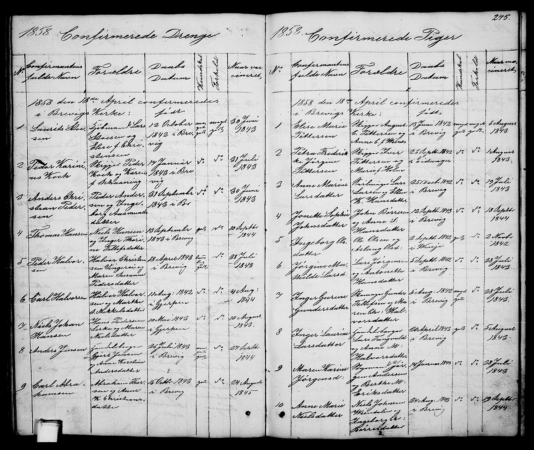 Brevik kirkebøker, SAKO/A-255/G/Ga/L0002: Parish register (copy) no. 2, 1846-1865, p. 245