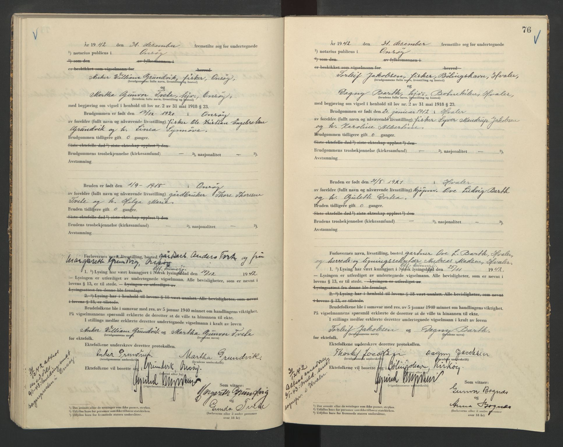 Onsøy sorenskriveri, AV/SAO-A-10474/L/La/L0002: Vigselsbok, 1942-1943, p. 76