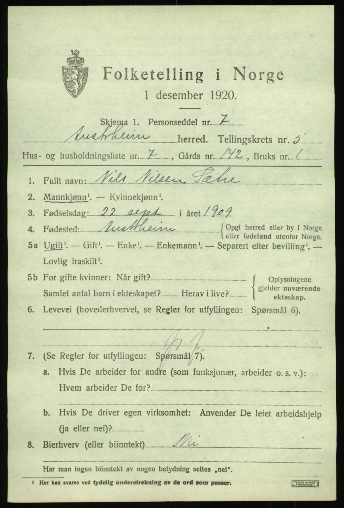 SAB, 1920 census for Austrheim, 1920, p. 2142