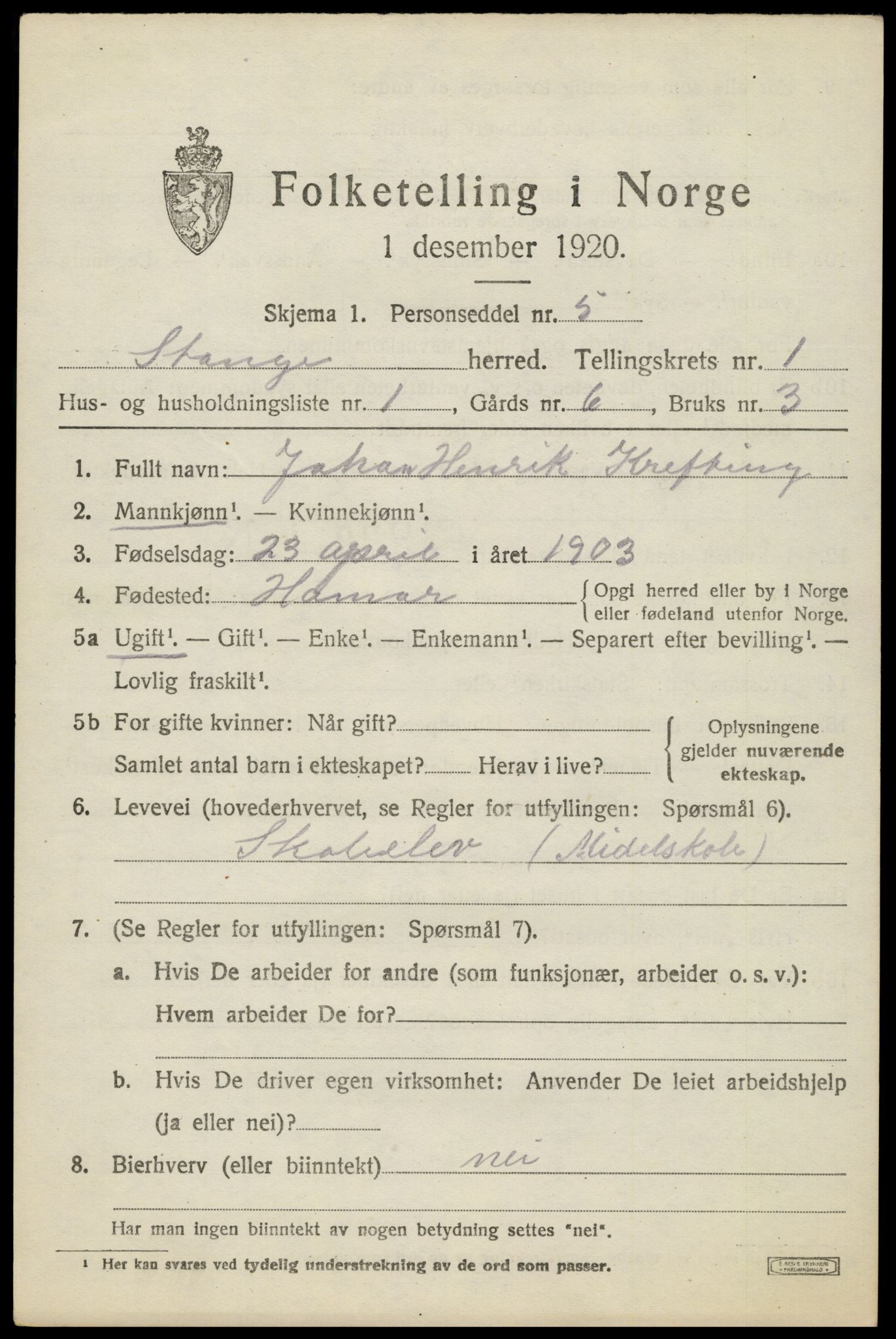 SAH, 1920 census for Stange, 1920, p. 2871