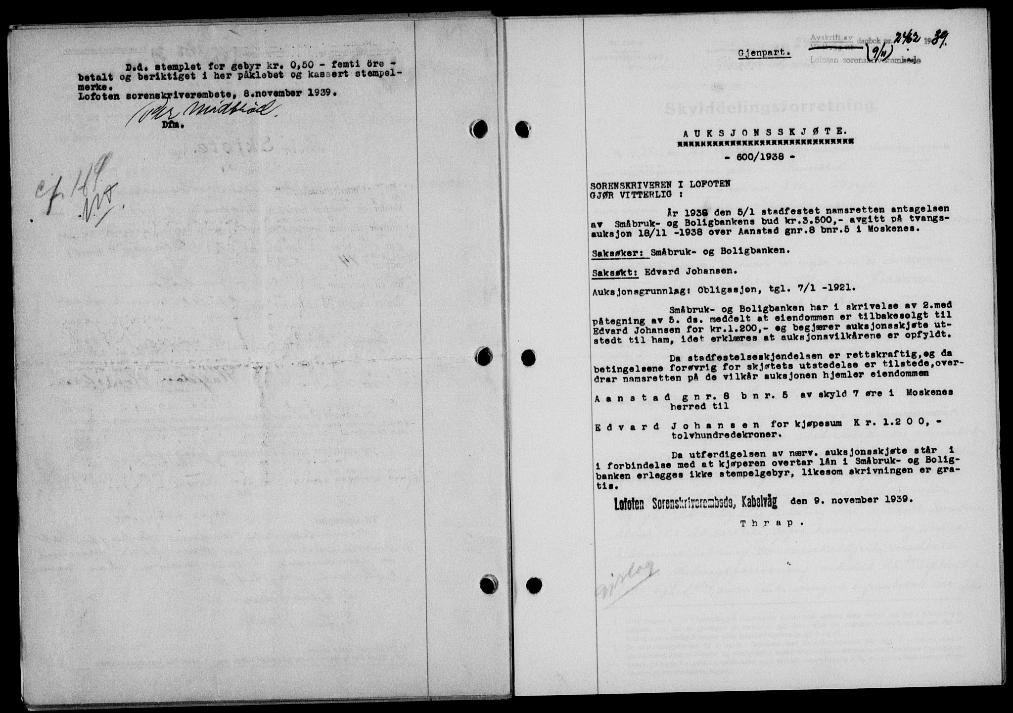 Lofoten sorenskriveri, SAT/A-0017/1/2/2C/L0006a: Mortgage book no. 6a, 1939-1939, Diary no: : 2462/1939