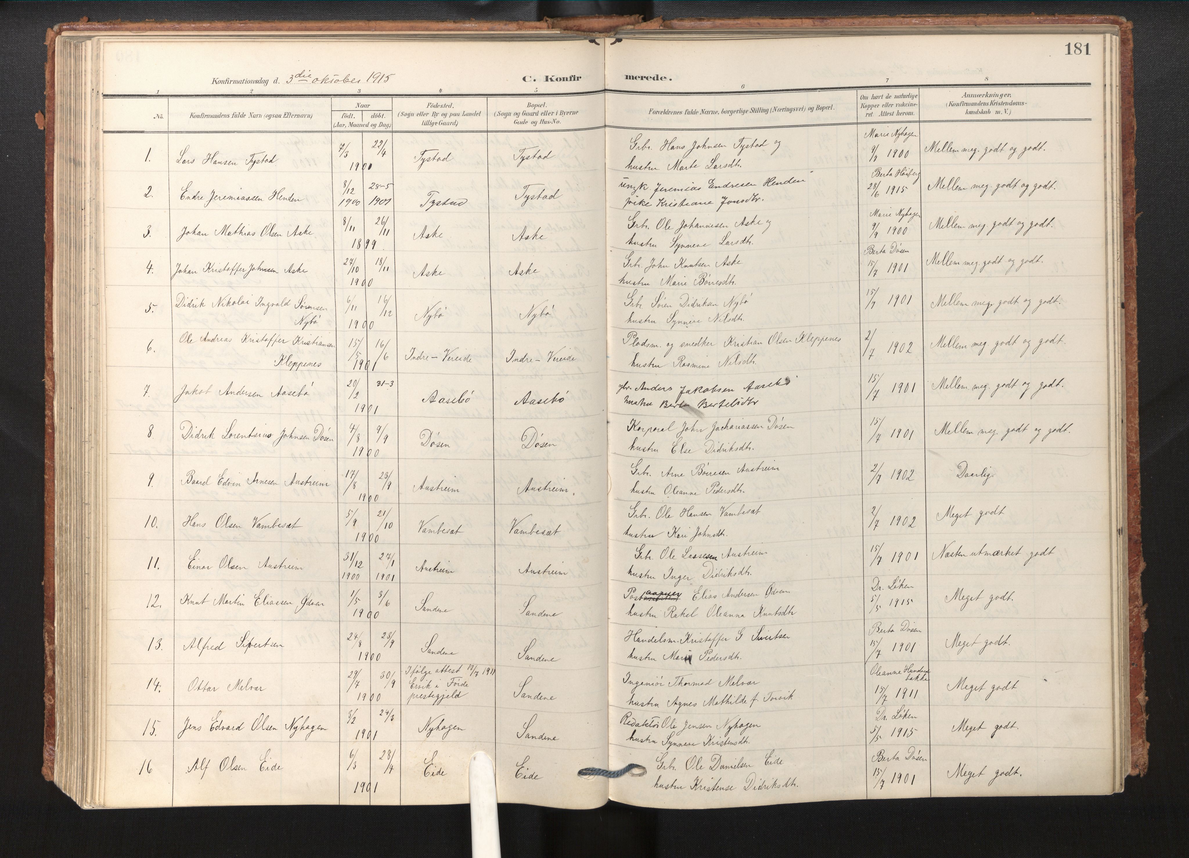 Gloppen sokneprestembete, AV/SAB-A-80101/H/Haa/Haab/L0002: Parish register (official) no. B 2, 1906-1932, p. 180b-181a