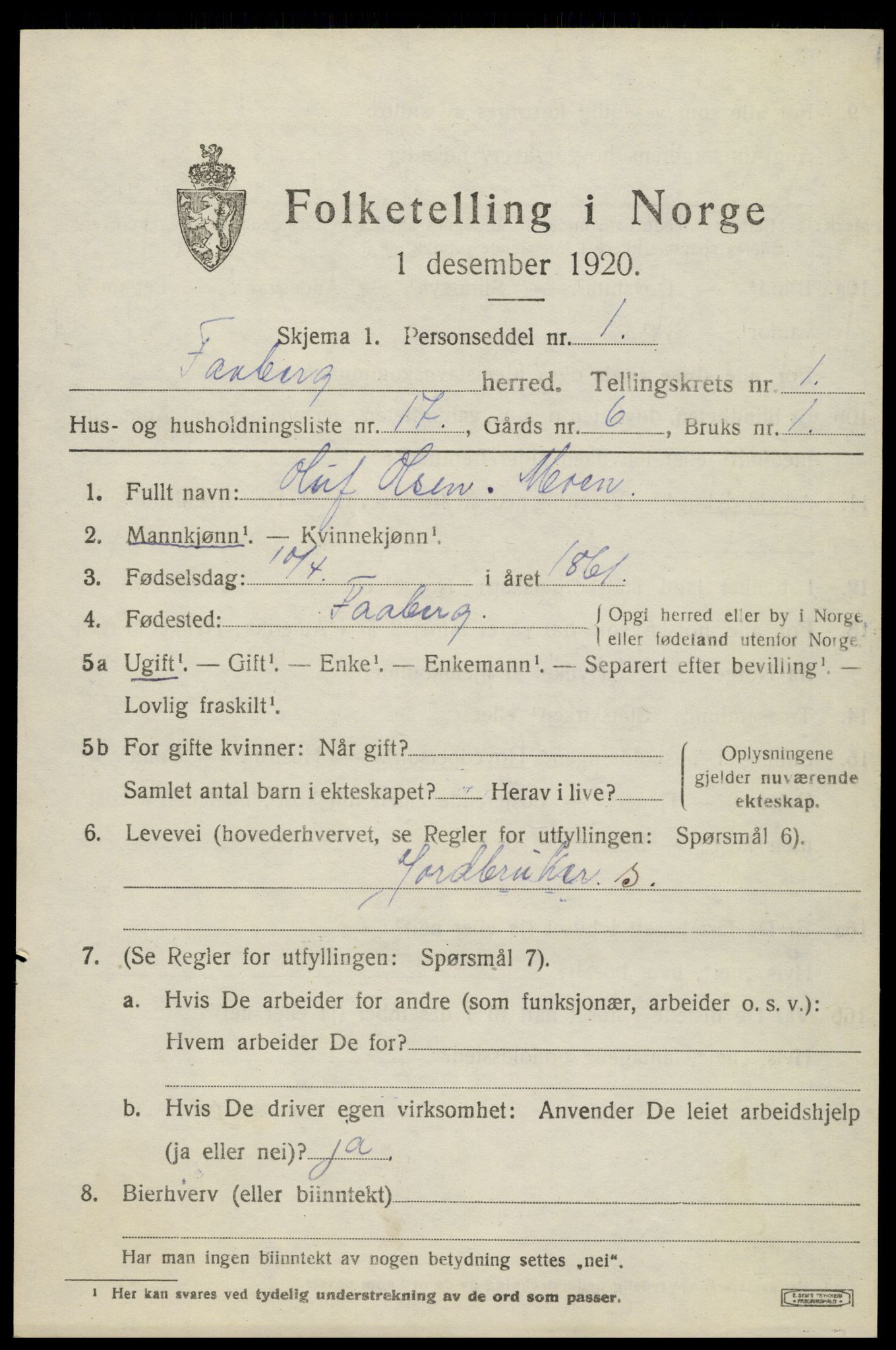 SAH, 1920 census for Fåberg, 1920, p. 2442