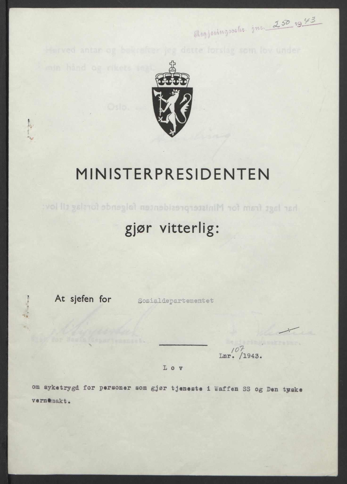 NS-administrasjonen 1940-1945 (Statsrådsekretariatet, de kommisariske statsråder mm), RA/S-4279/D/Db/L0099: Lover, 1943, p. 497
