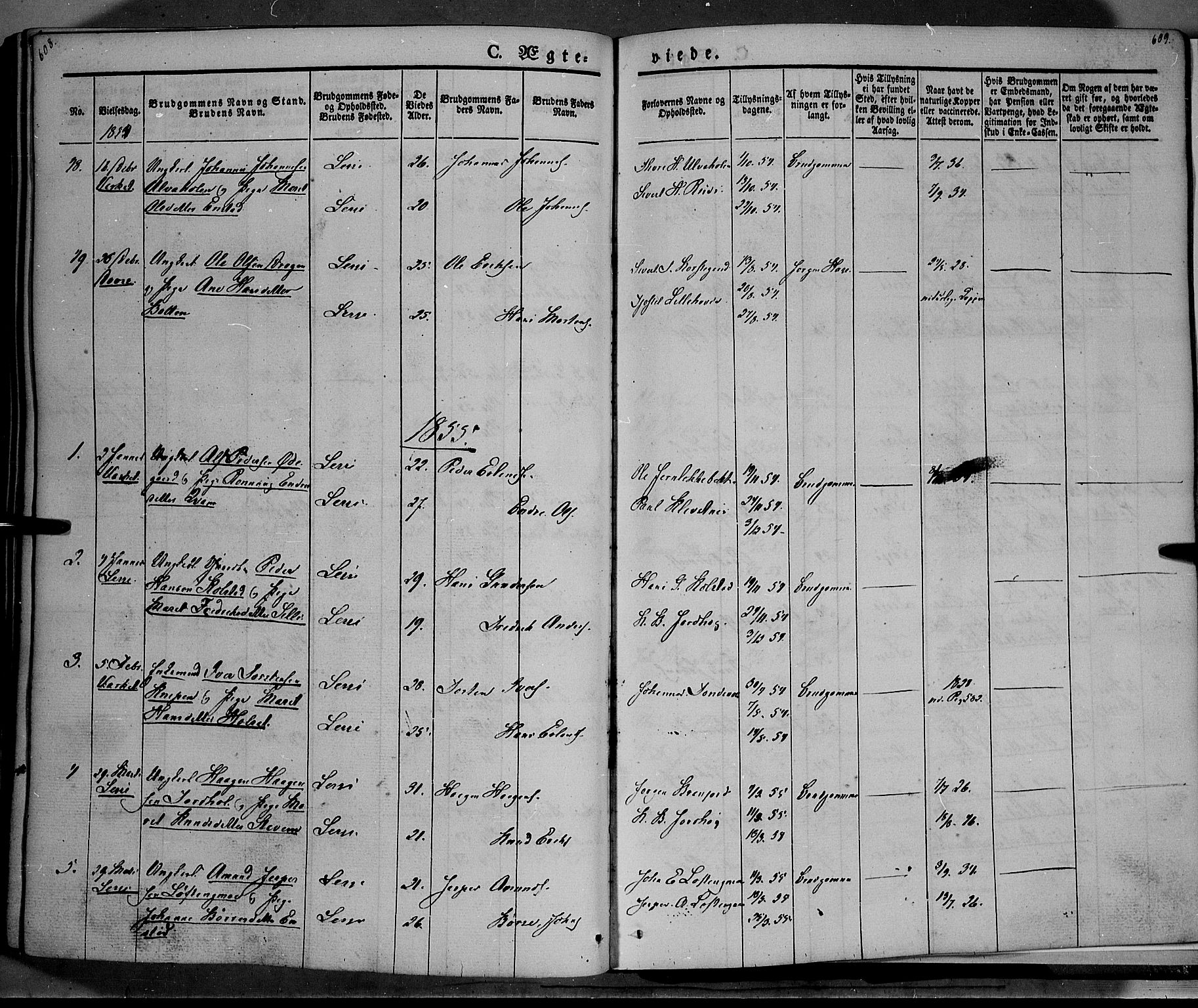 Lesja prestekontor, SAH/PREST-068/H/Ha/Haa/L0006: Parish register (official) no. 6A, 1843-1854, p. 608-609