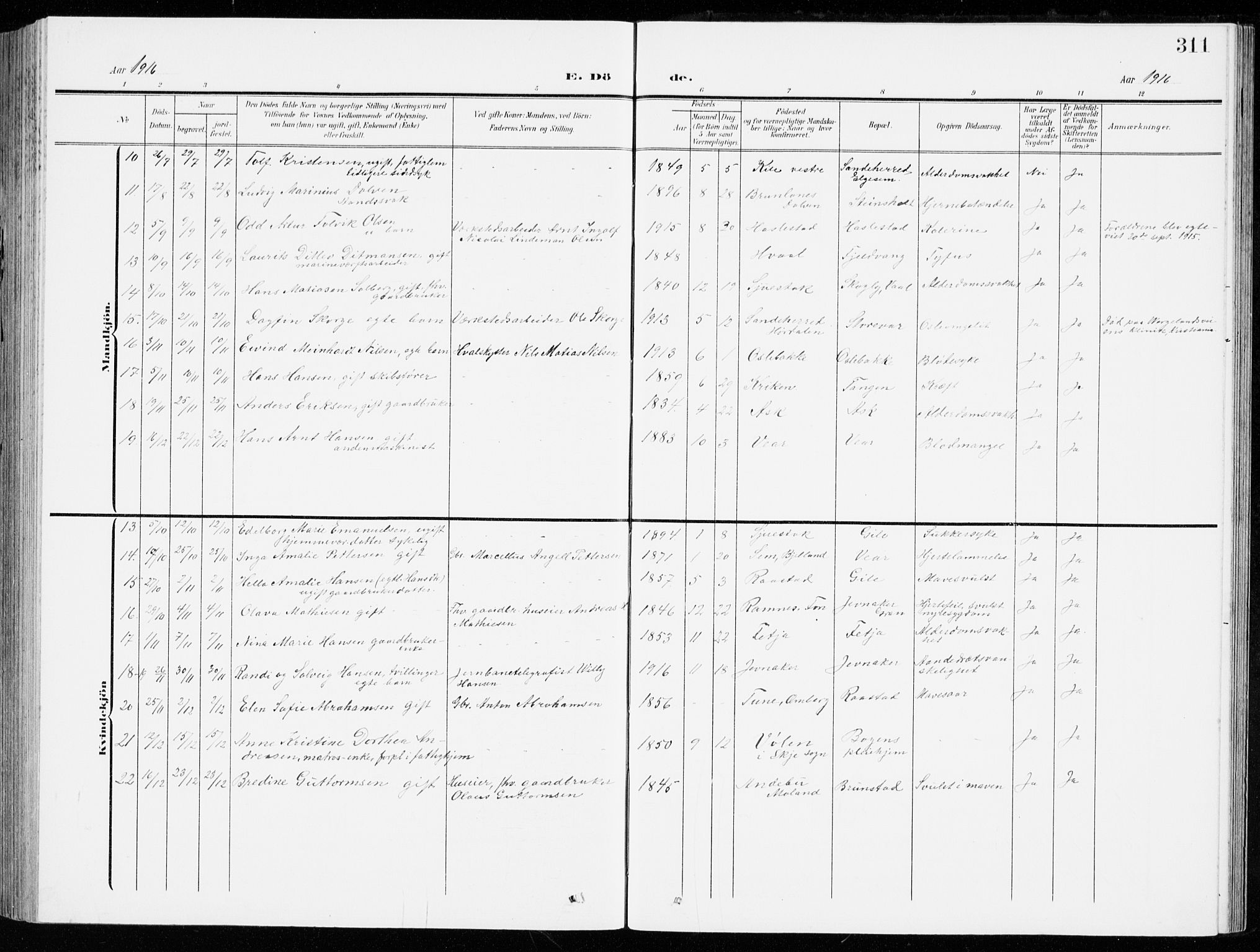 Stokke kirkebøker, AV/SAKO-A-320/G/Ga/L0001: Parish register (copy) no. I 1, 1904-1940, p. 311