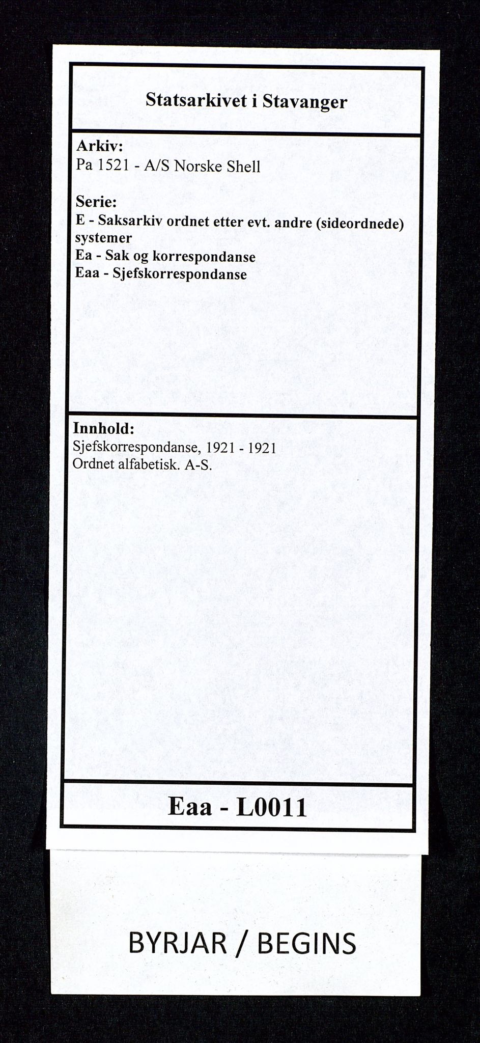 Pa 1521 - A/S Norske Shell, AV/SAST-A-101915/E/Ea/Eaa/L0011: Sjefskorrespondanse, 1921, p. 1