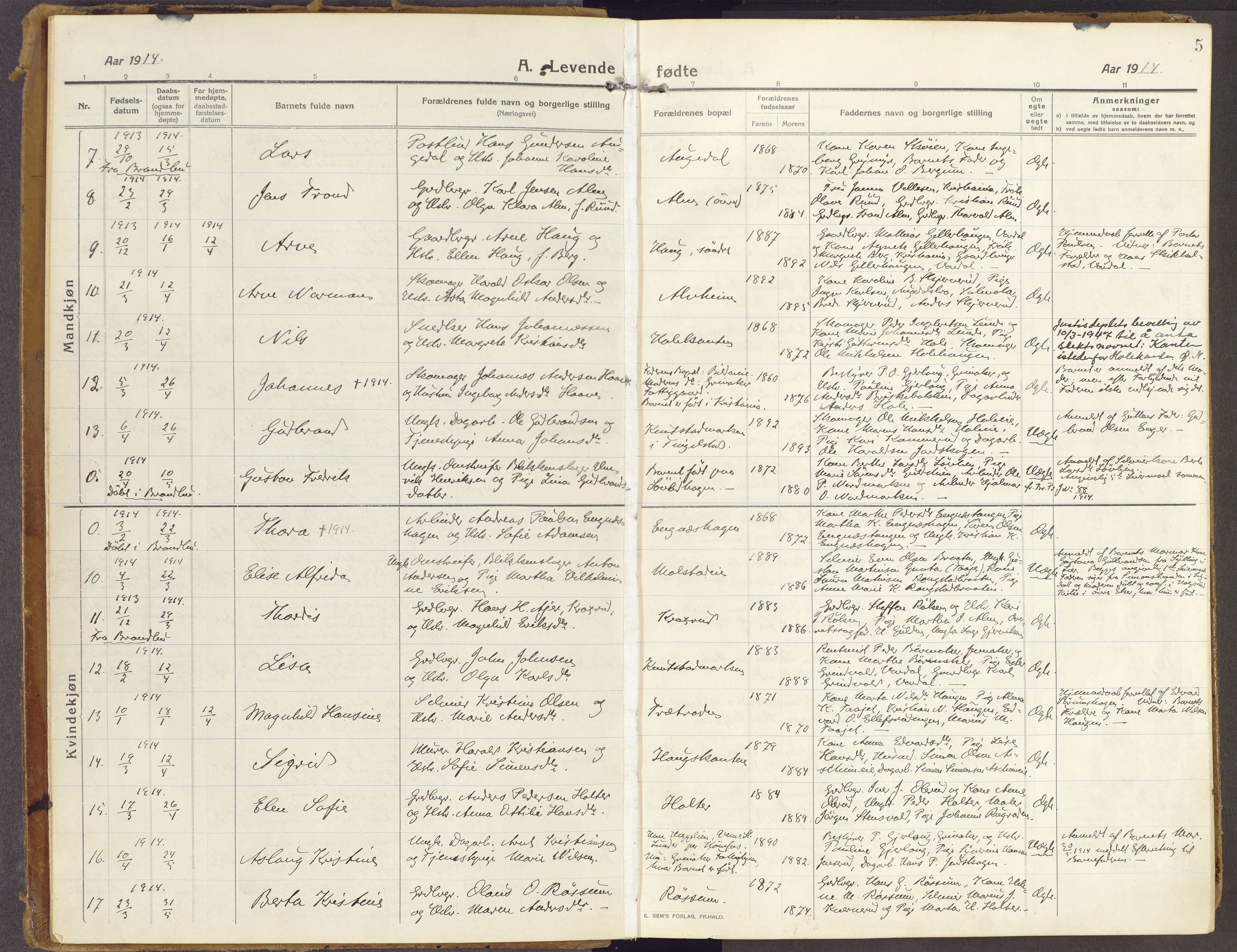 Brandbu prestekontor, SAH/PREST-114/H/Ha/Haa/L0003: Parish register (official) no. 3, 1914-1928, p. 5