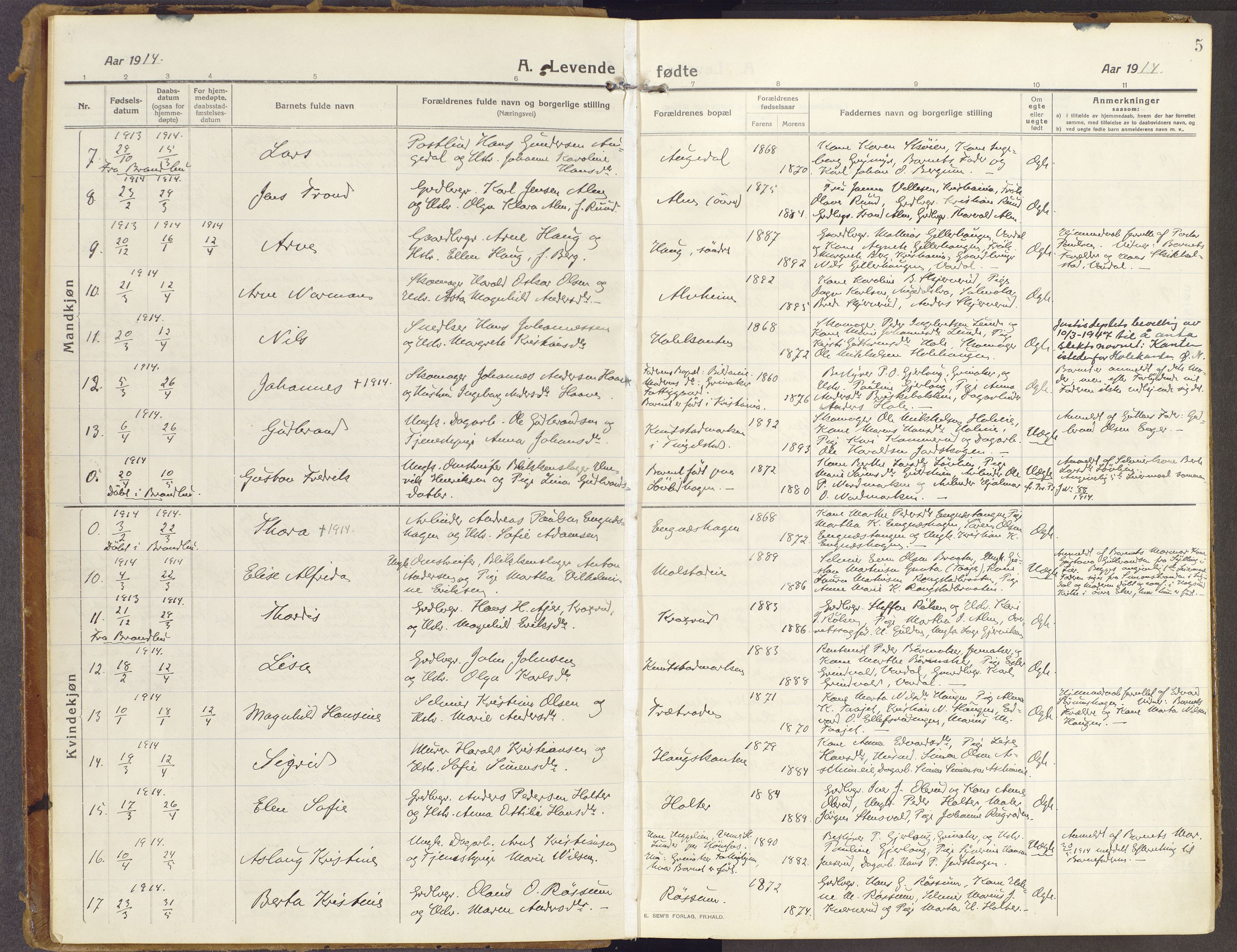 Brandbu prestekontor, AV/SAH-PREST-114/H/Ha/Haa/L0003: Parish register (official) no. 3, 1914-1928, p. 5