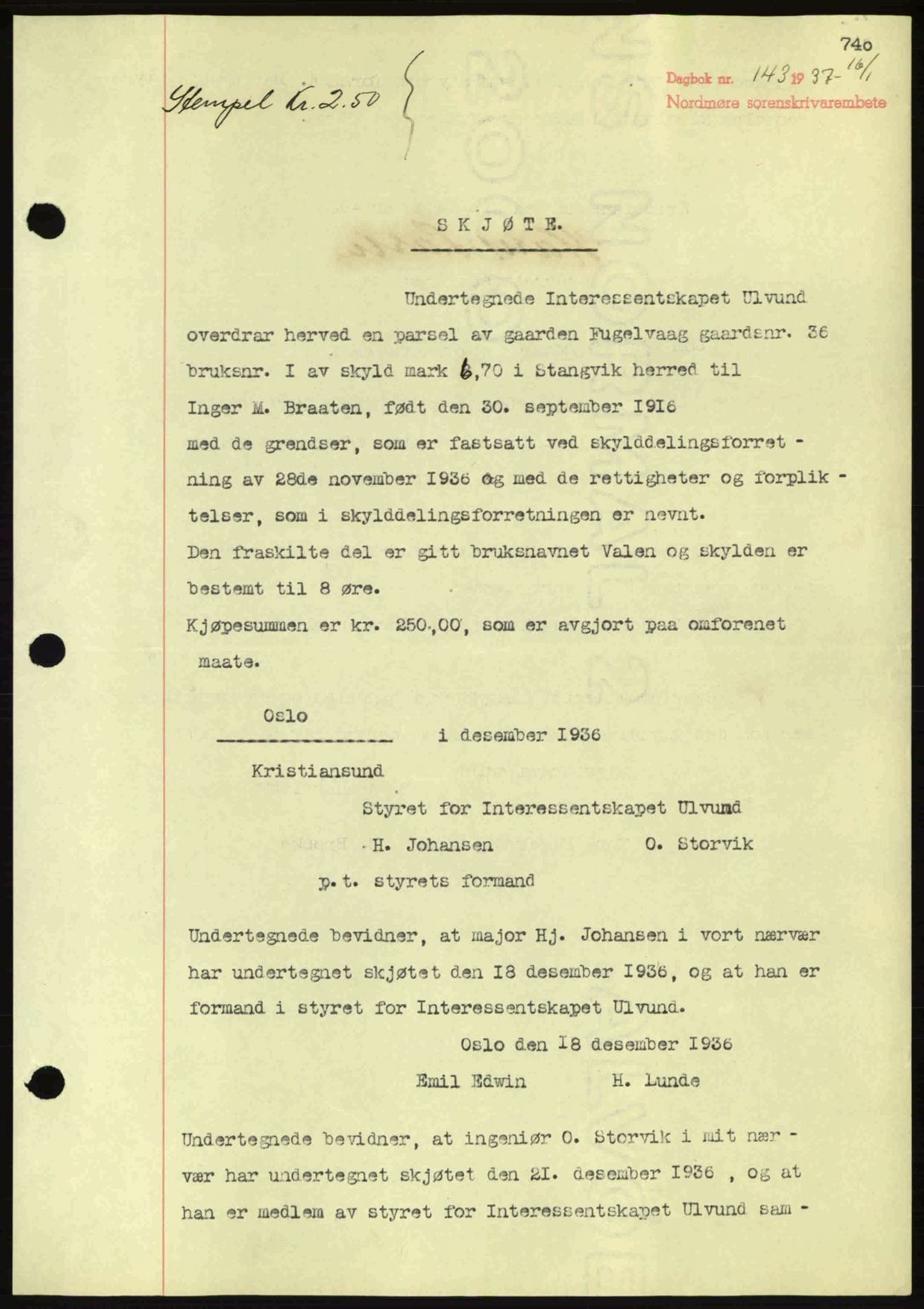 Nordmøre sorenskriveri, AV/SAT-A-4132/1/2/2Ca: Mortgage book no. A80, 1936-1937, Diary no: : 143/1937