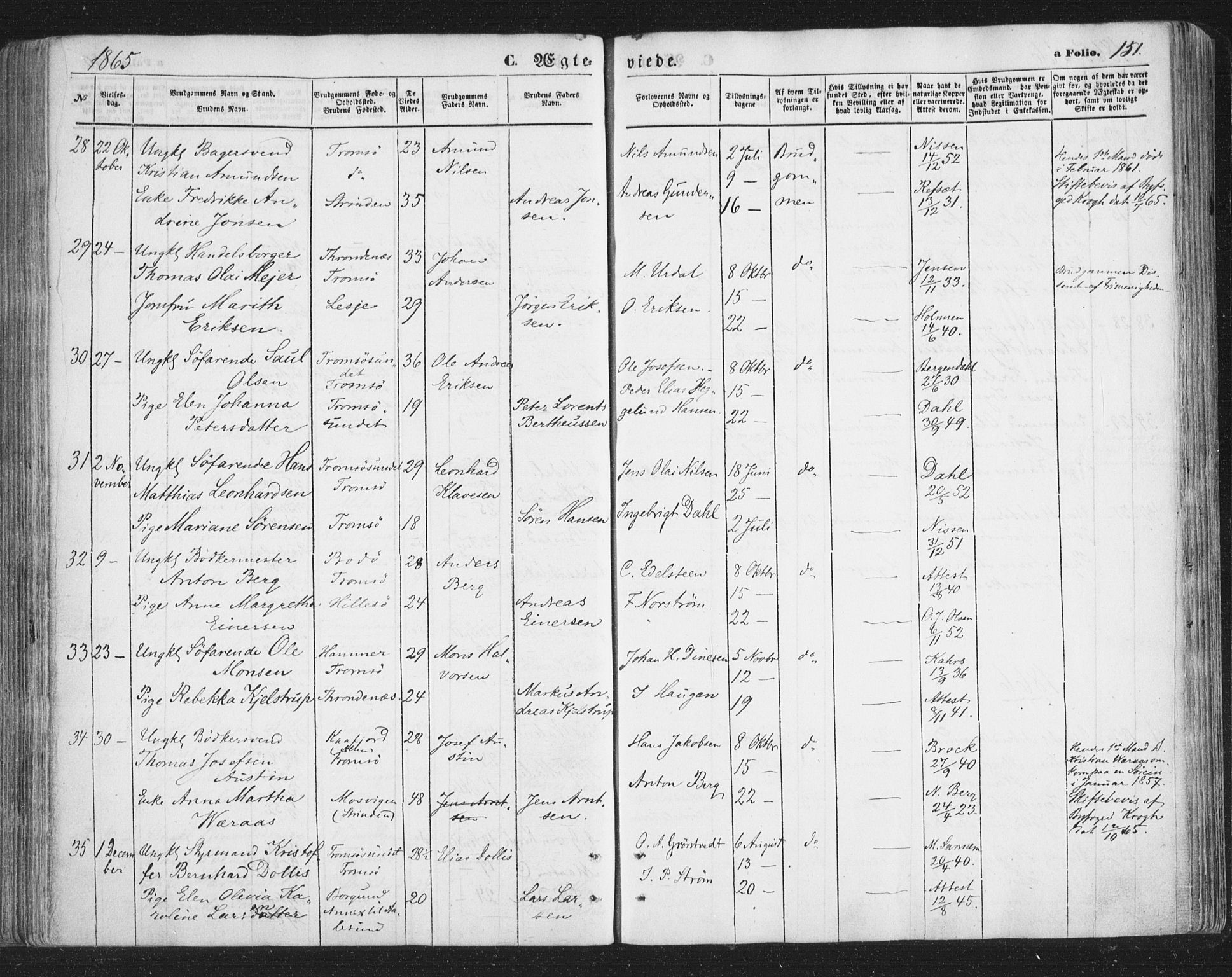 Tromsø sokneprestkontor/stiftsprosti/domprosti, AV/SATØ-S-1343/G/Ga/L0012kirke: Parish register (official) no. 12, 1865-1871, p. 151