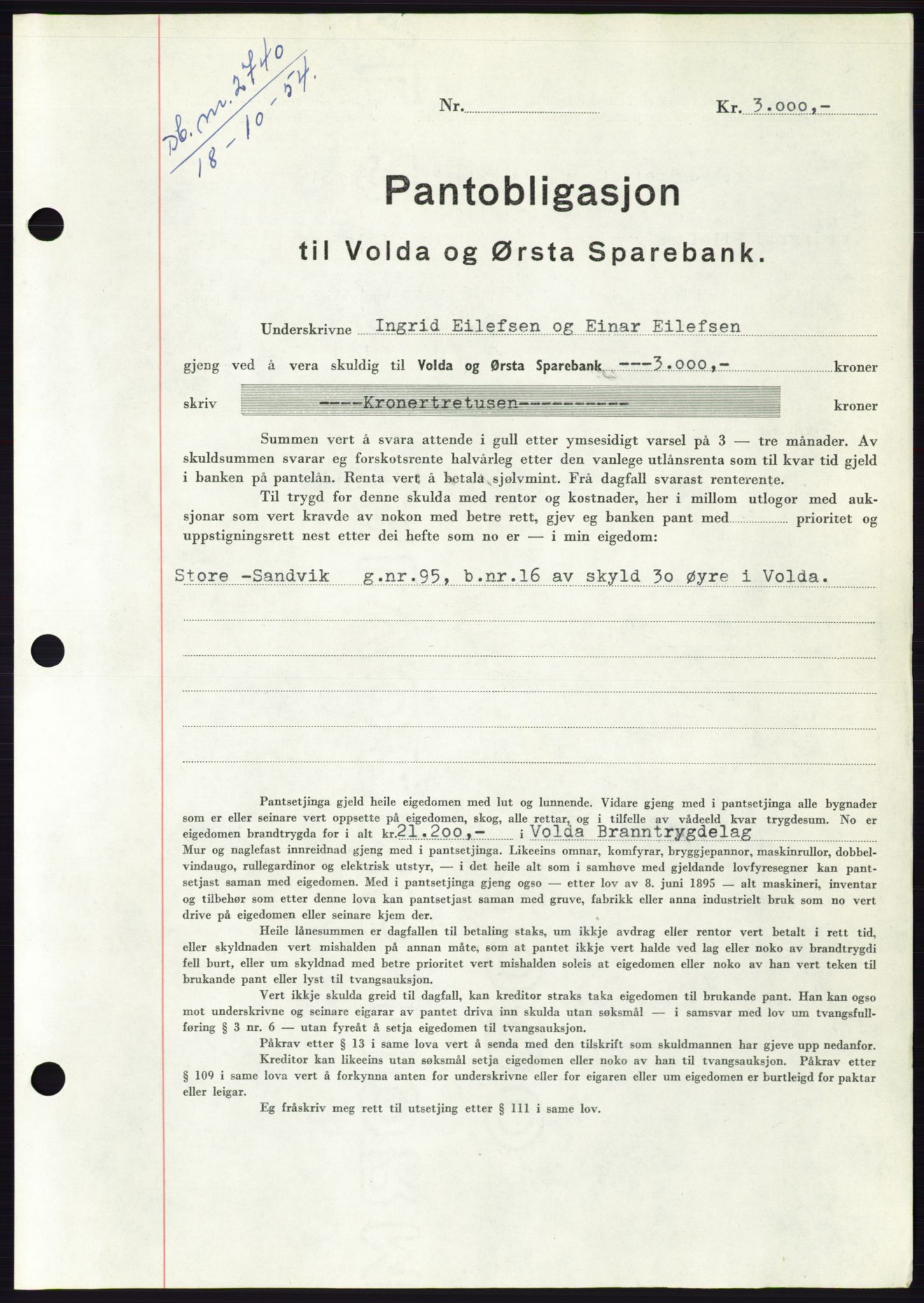 Søre Sunnmøre sorenskriveri, AV/SAT-A-4122/1/2/2C/L0126: Mortgage book no. 14B, 1954-1955, Diary no: : 2740/1954