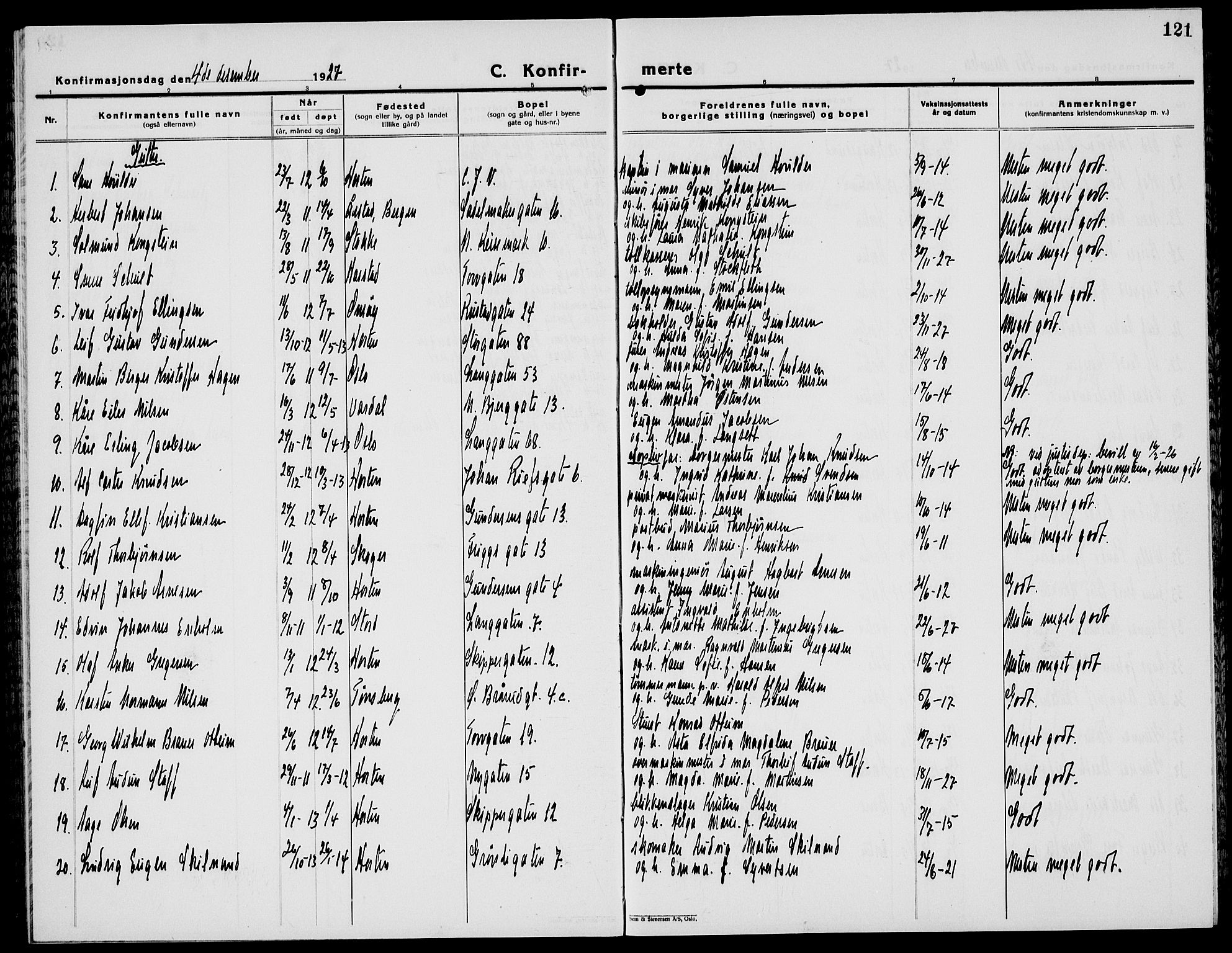 Horten kirkebøker, AV/SAKO-A-348/G/Ga/L0009: Parish register (copy) no. 9, 1926-1936, p. 121