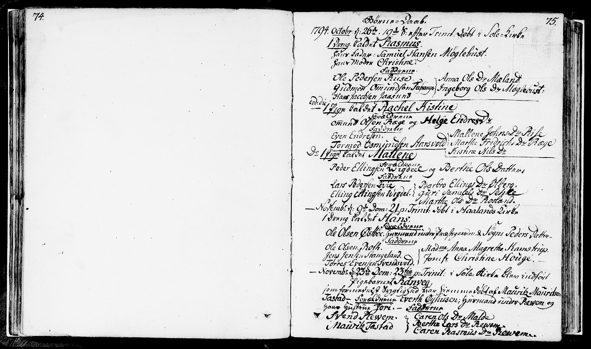 Håland sokneprestkontor, SAST/A-101802/001/30BA/L0003: Parish register (official) no. A 3, 1794-1815, p. 74-75