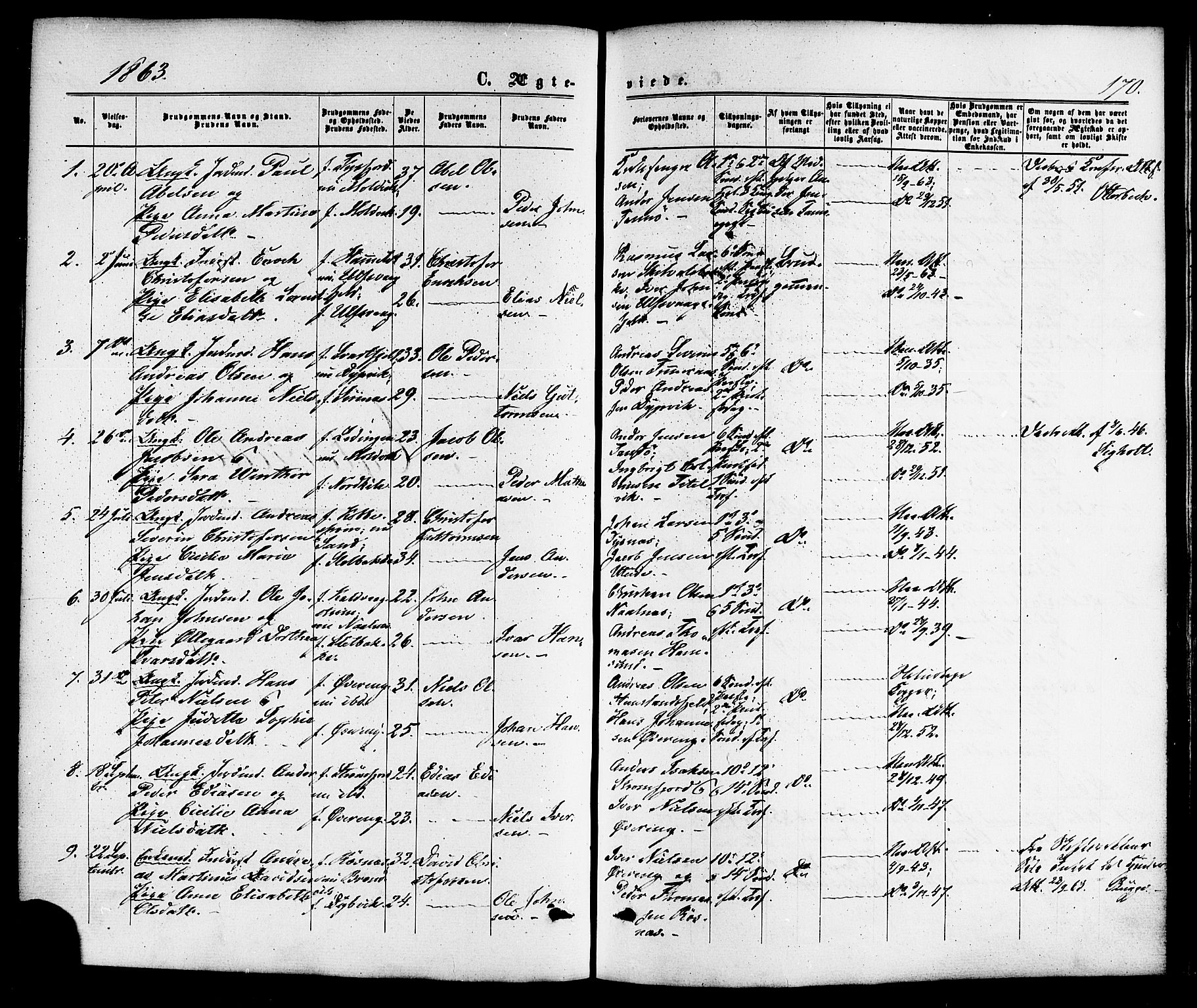 Ministerialprotokoller, klokkerbøker og fødselsregistre - Nordland, SAT/A-1459/859/L0845: Parish register (official) no. 859A05, 1863-1877, p. 170