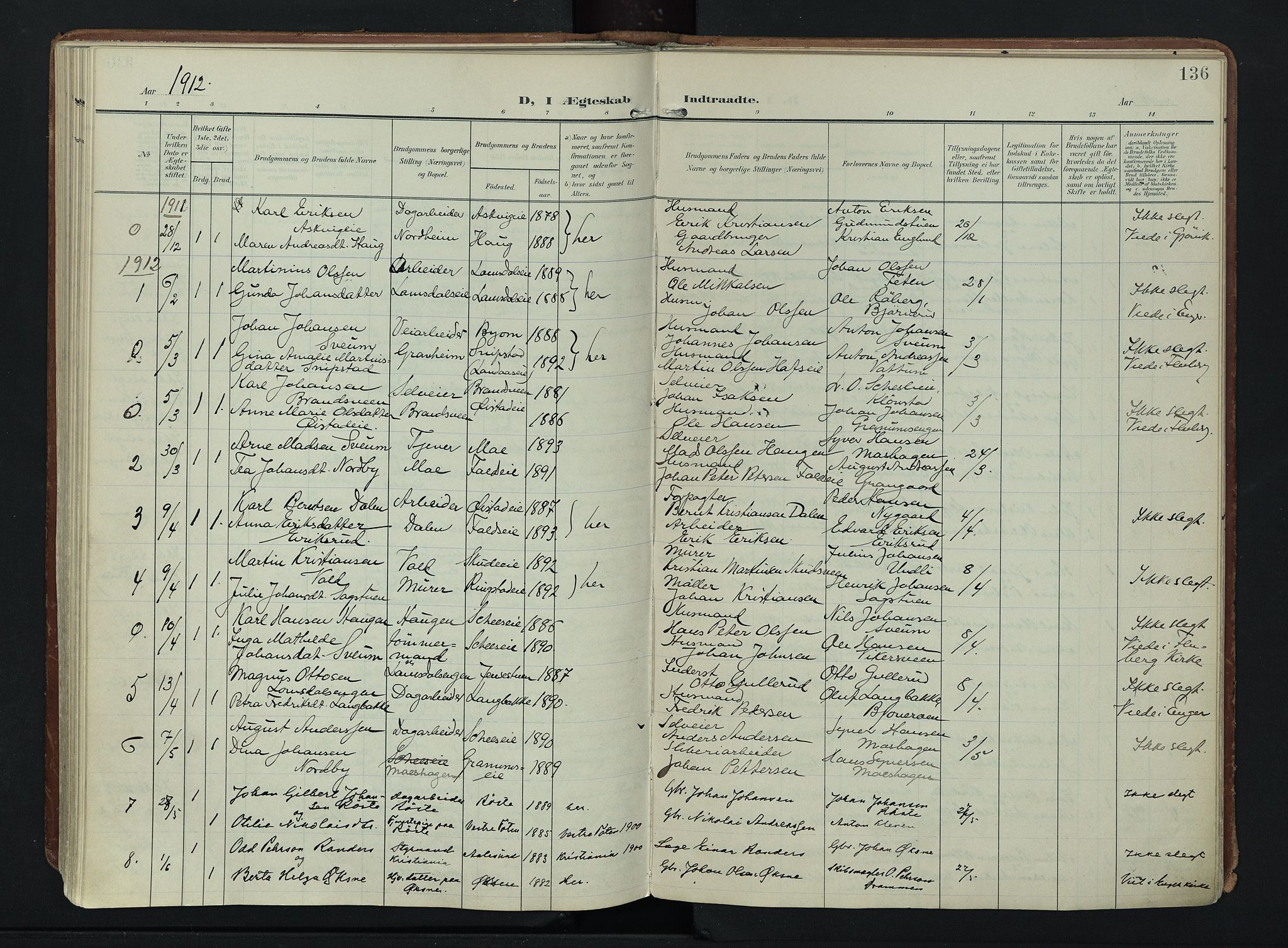 Søndre Land prestekontor, SAH/PREST-122/K/L0007: Parish register (official) no. 7, 1905-1914, p. 136