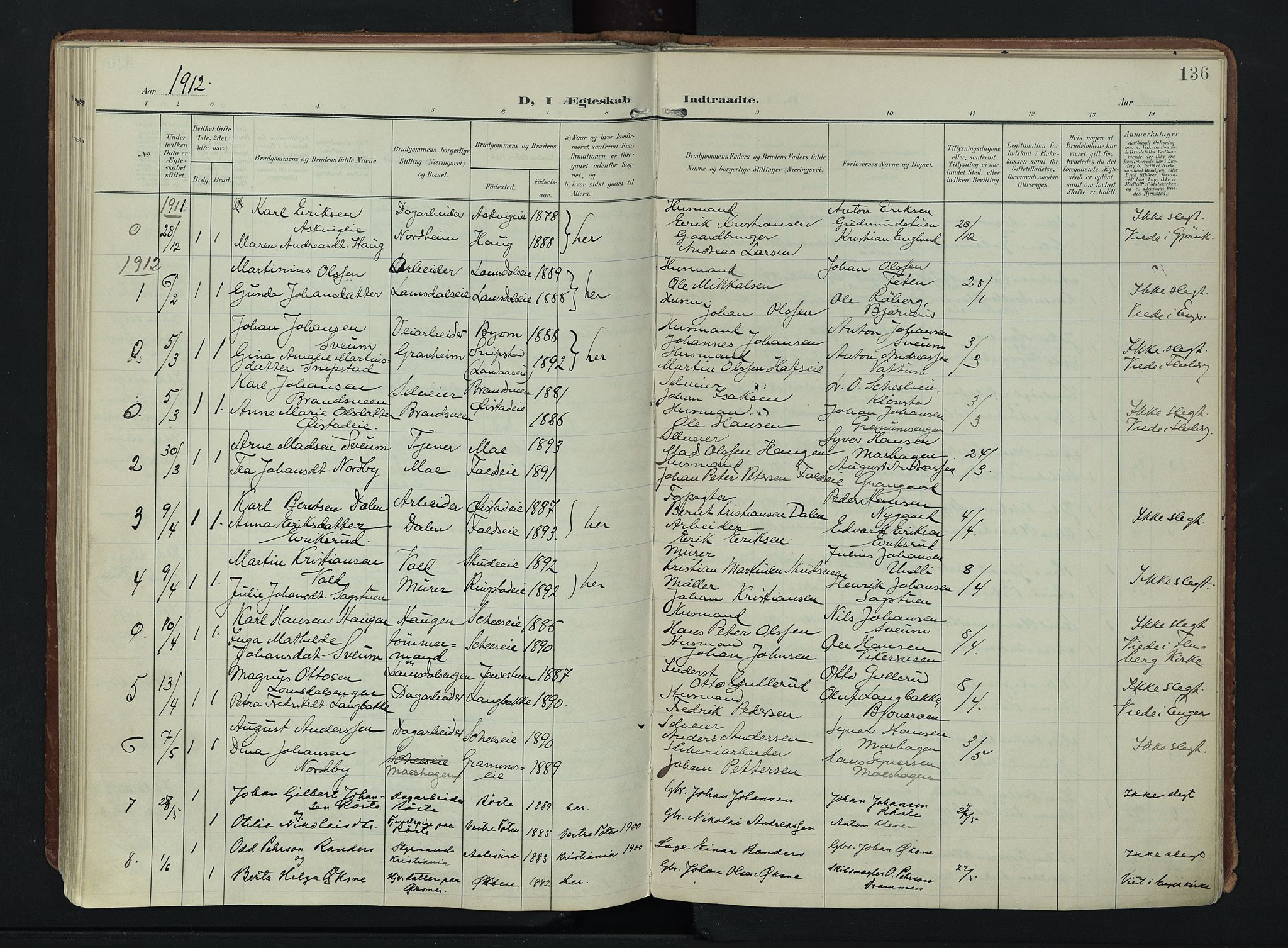 Søndre Land prestekontor, AV/SAH-PREST-122/K/L0007: Parish register (official) no. 7, 1905-1914, p. 136