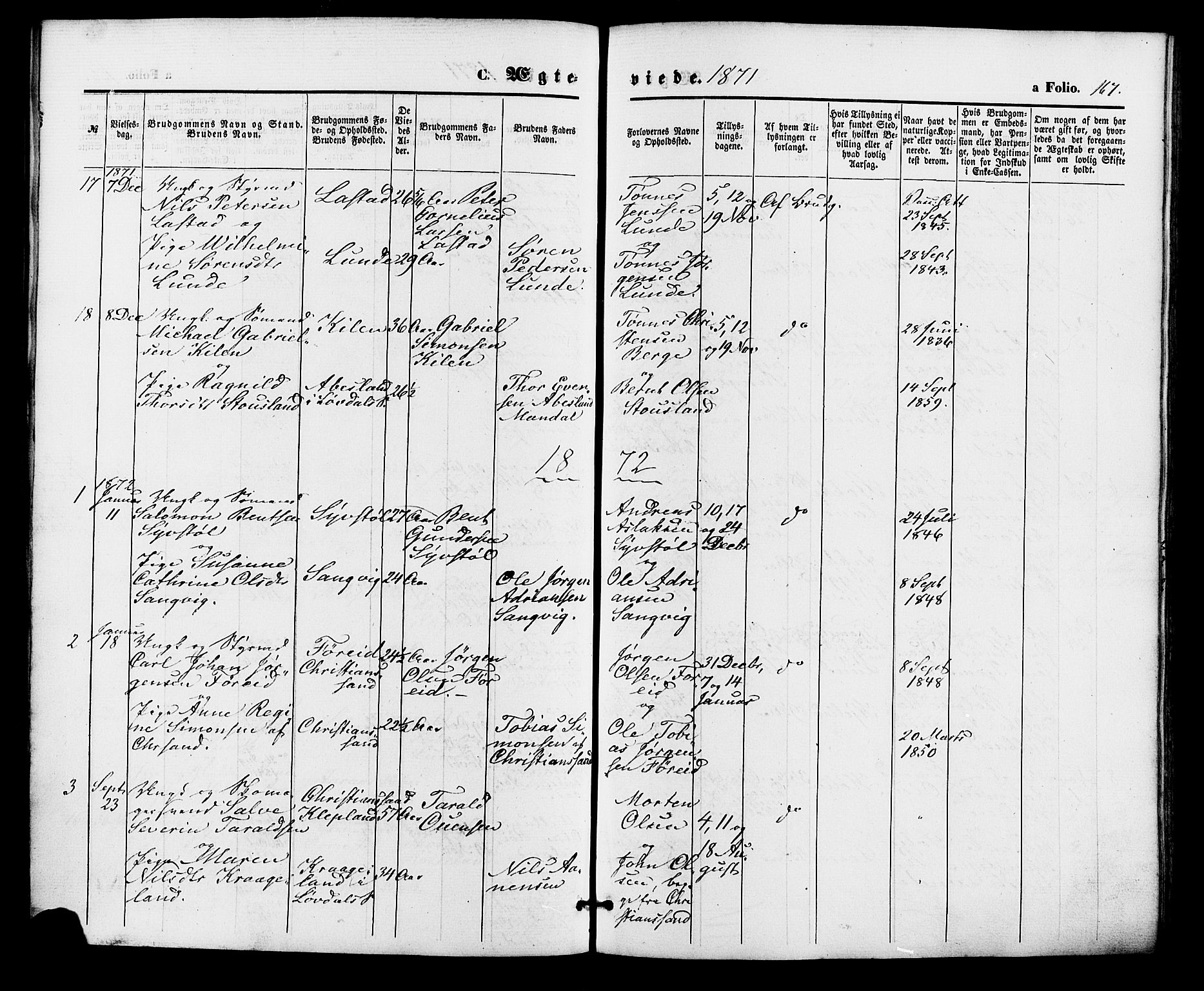 Søgne sokneprestkontor, AV/SAK-1111-0037/F/Fa/Fab/L0011: Parish register (official) no. A 11, 1869-1879, p. 167