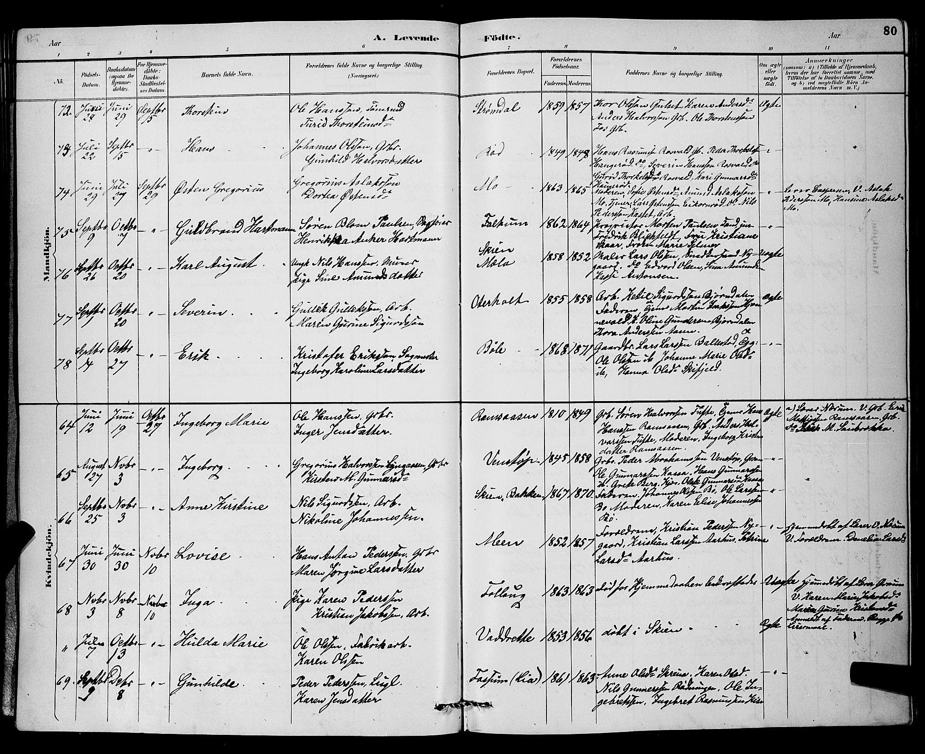 Gjerpen kirkebøker, AV/SAKO-A-265/G/Ga/L0002: Parish register (copy) no. I 2, 1883-1900, p. 80