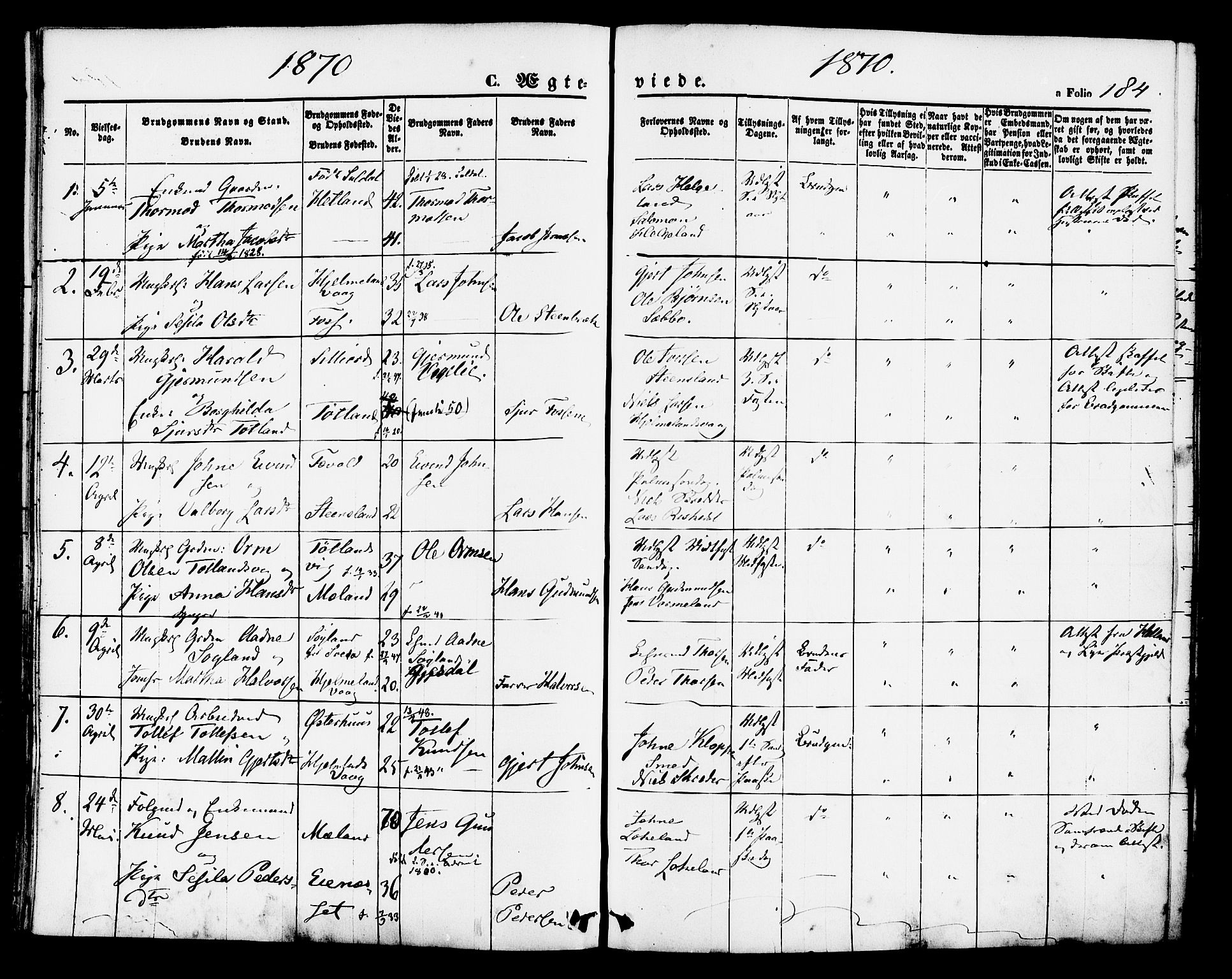 Hjelmeland sokneprestkontor, SAST/A-101843/01/IV/L0011: Parish register (official) no. A 11, 1861-1878, p. 184