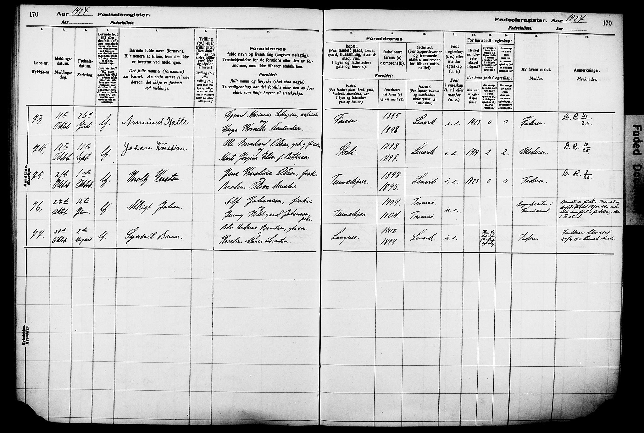Lenvik sokneprestembete, SATØ/S-1310/I/Ic/L0089: Birth register no. 89, 1916-1926, p. 170