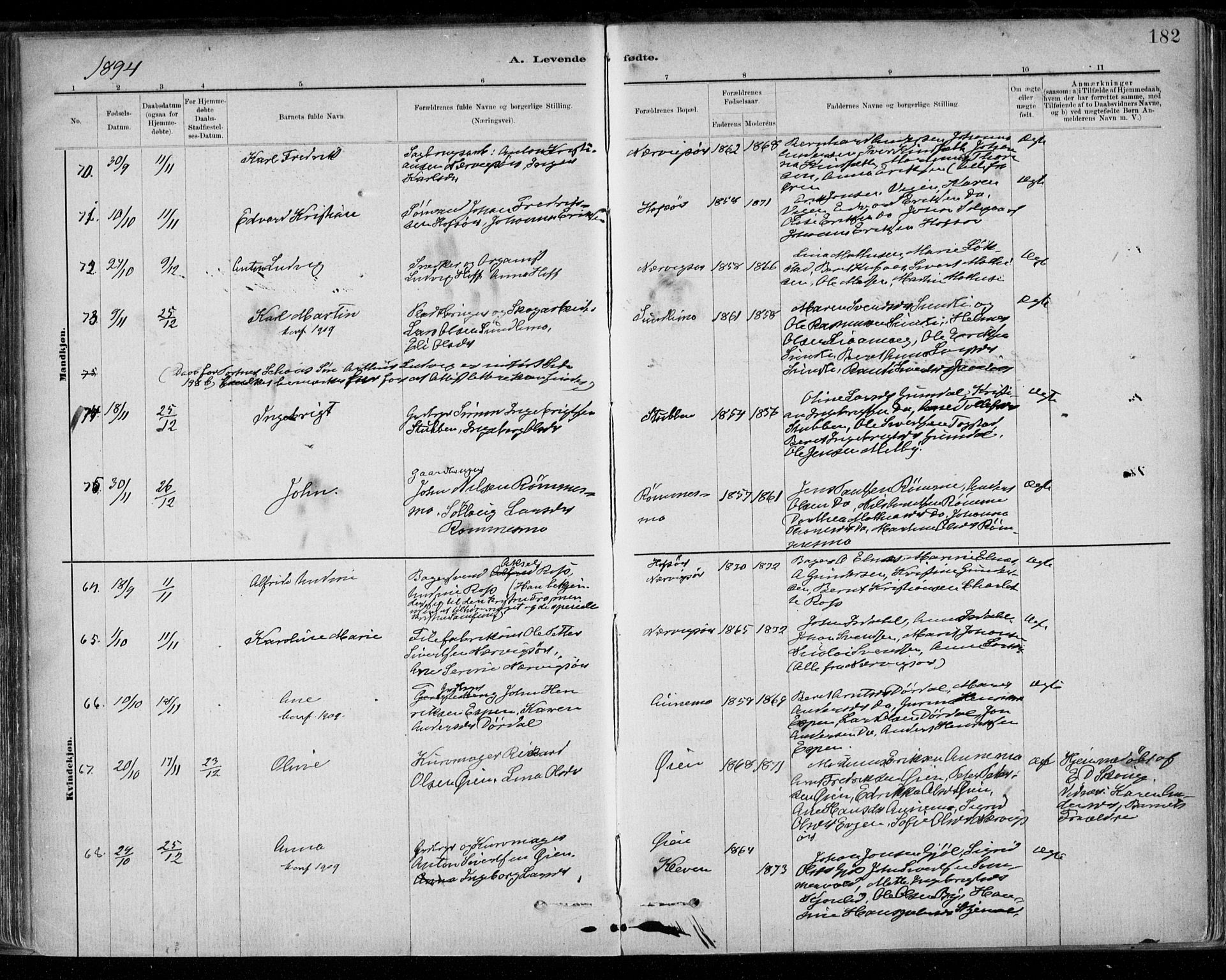 Ministerialprotokoller, klokkerbøker og fødselsregistre - Sør-Trøndelag, AV/SAT-A-1456/668/L0809: Parish register (official) no. 668A09, 1881-1895, p. 182