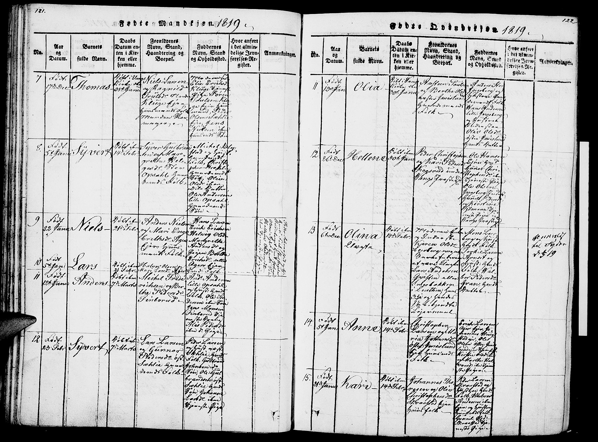 Vang prestekontor, Hedmark, SAH/PREST-008/H/Ha/Haa/L0007: Parish register (official) no. 7, 1813-1826, p. 121-122