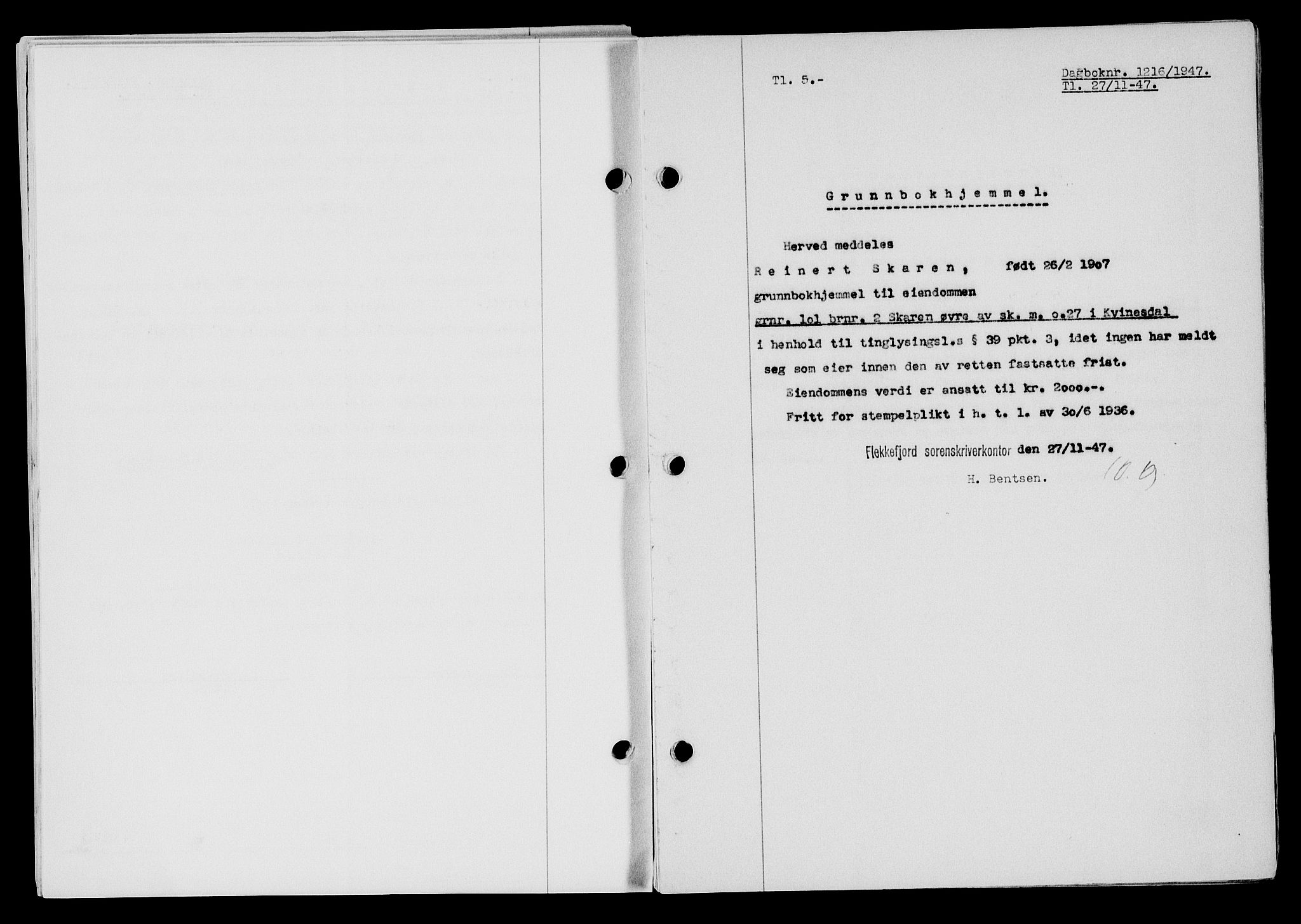 Flekkefjord sorenskriveri, SAK/1221-0001/G/Gb/Gba/L0063: Mortgage book no. A-11, 1947-1948, Diary no: : 1216/1947