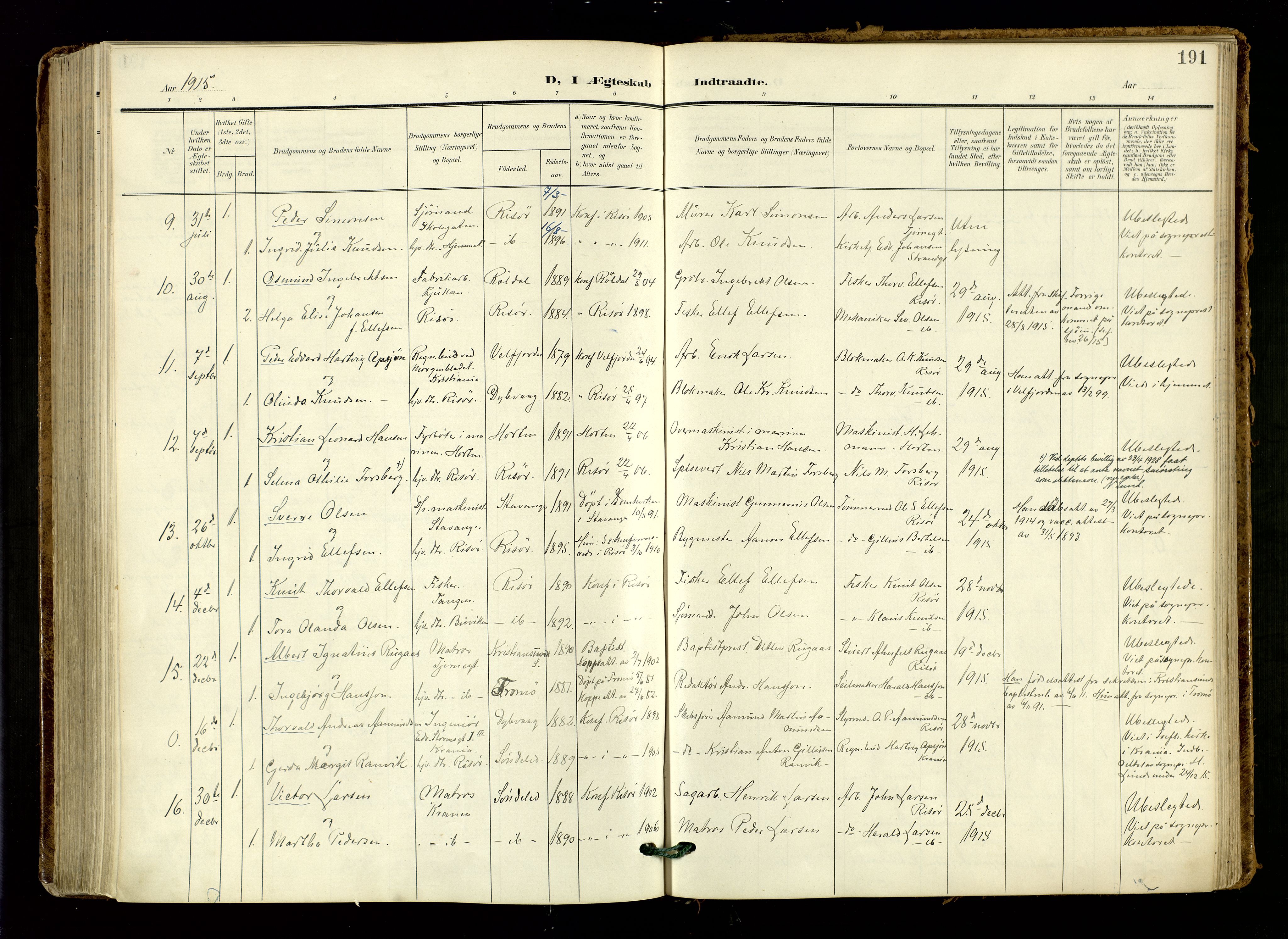 Risør sokneprestkontor, AV/SAK-1111-0035/F/Fa/L0011: Parish register (official) no. A 11, 1907-1920, p. 191