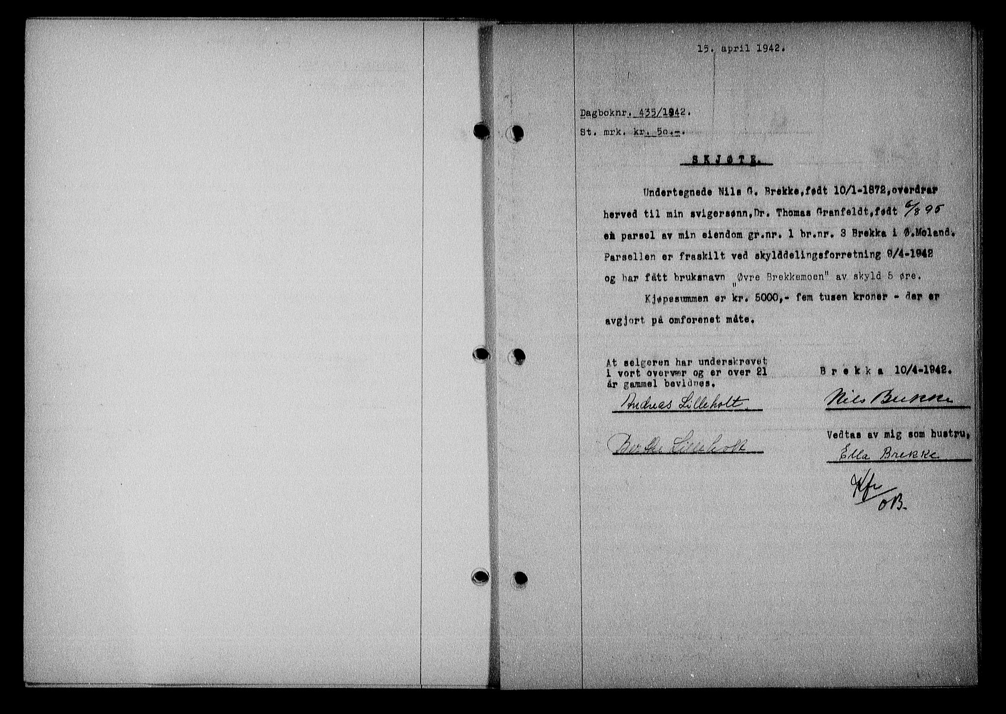 Nedenes sorenskriveri, SAK/1221-0006/G/Gb/Gba/L0049: Mortgage book no. A-III, 1941-1942, Diary no: : 435/1942