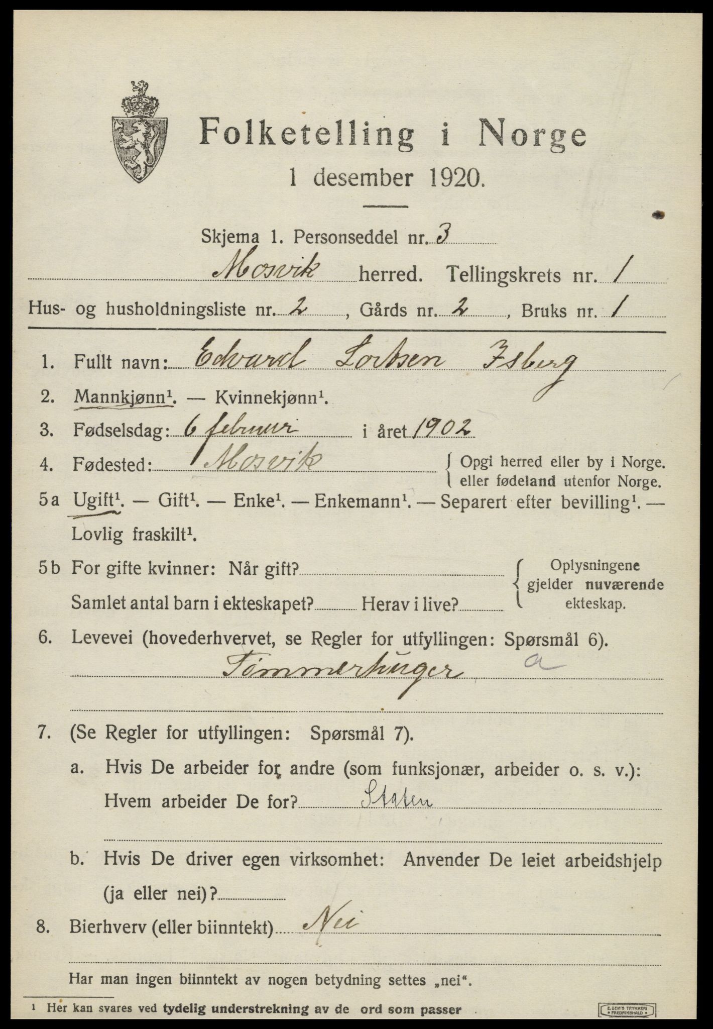 SAT, 1920 census for Mosvik, 1920, p. 390