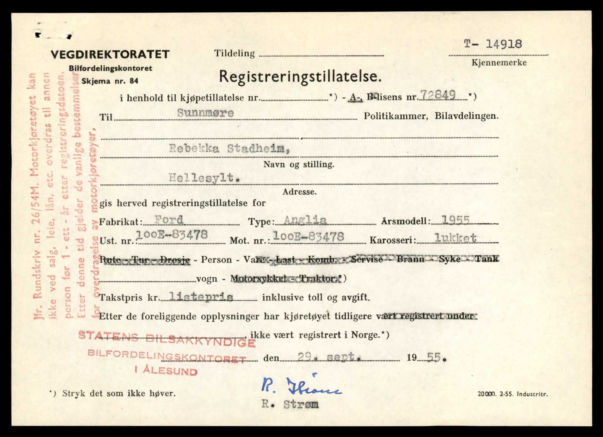 Møre og Romsdal vegkontor - Ålesund trafikkstasjon, AV/SAT-A-4099/F/Fe/L0049: Registreringskort for kjøretøy T 14864 - T 18613, 1927-1998, p. 1237