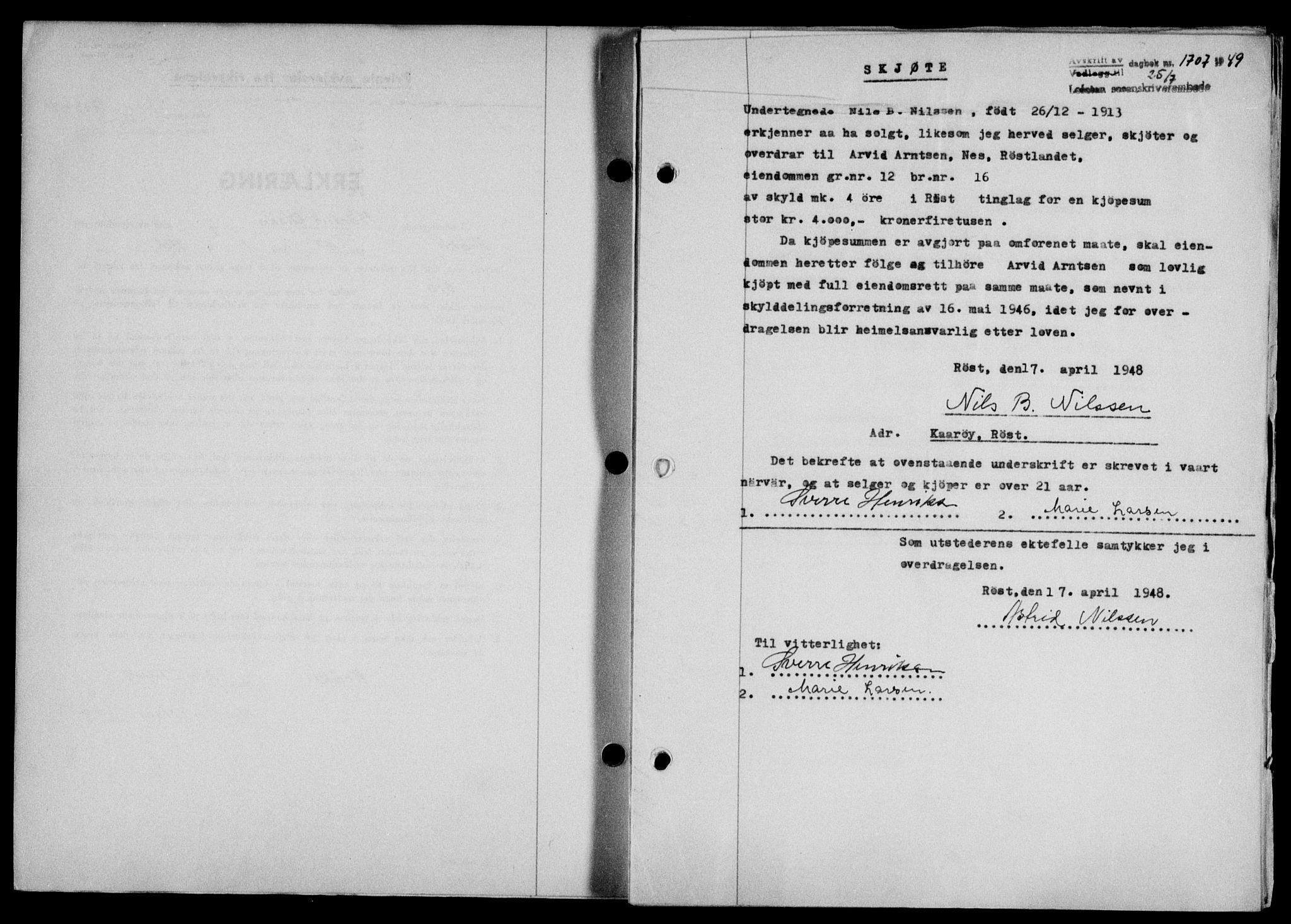 Lofoten sorenskriveri, SAT/A-0017/1/2/2C/L0021a: Mortgage book no. 21a, 1949-1949, Diary no: : 1707/1949