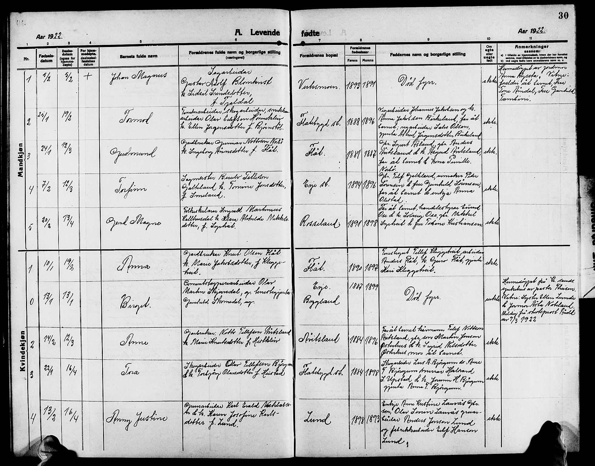 Evje sokneprestkontor, AV/SAK-1111-0008/F/Fb/Fba/L0005: Parish register (copy) no. B 5, 1914-1926, p. 30