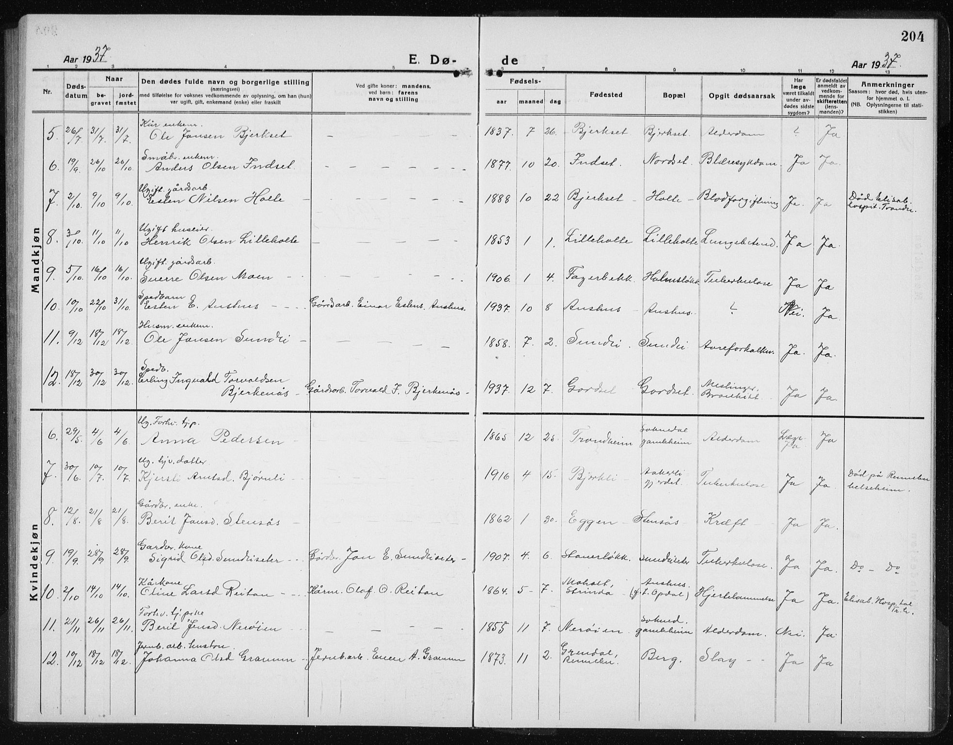 Ministerialprotokoller, klokkerbøker og fødselsregistre - Sør-Trøndelag, SAT/A-1456/689/L1045: Parish register (copy) no. 689C04, 1923-1940, p. 204