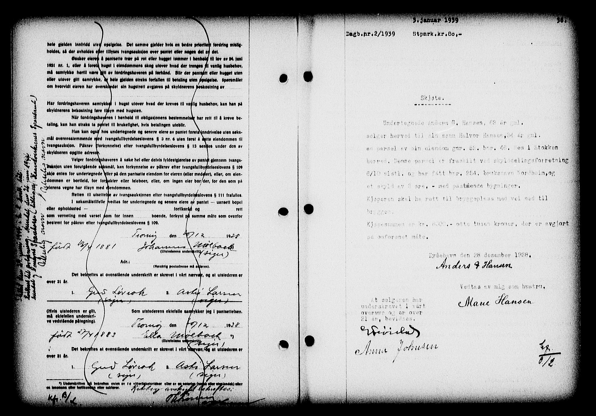 Nedenes sorenskriveri, AV/SAK-1221-0006/G/Gb/Gba/L0046: Mortgage book no. 42, 1938-1939, Diary no: : 2/1939
