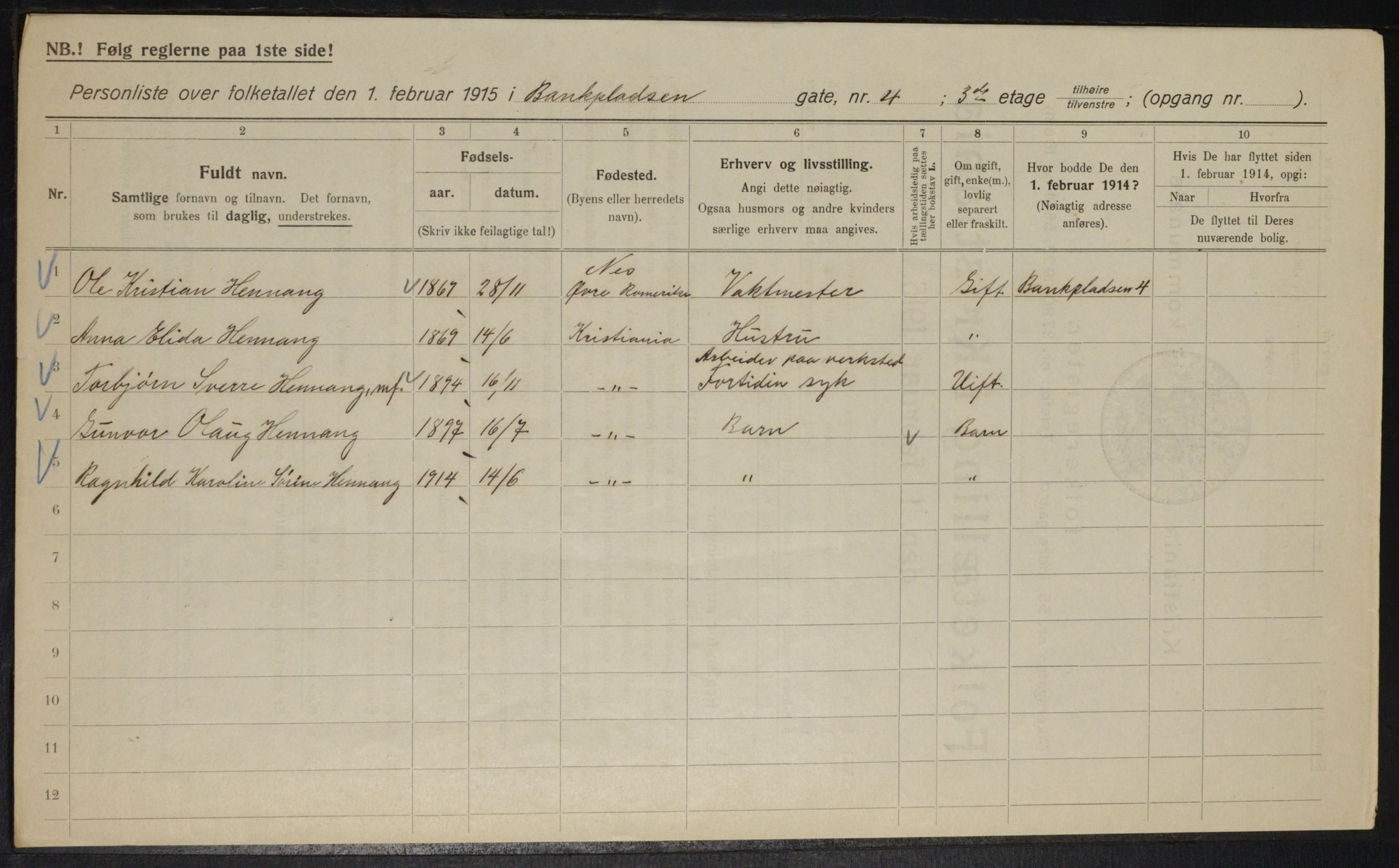 OBA, Municipal Census 1915 for Kristiania, 1915, p. 3415