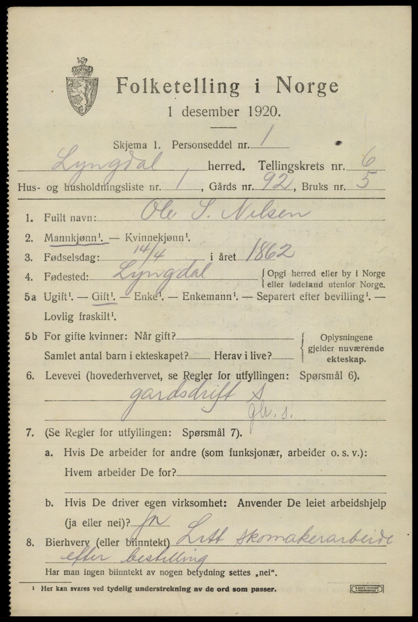 SAK, 1920 census for Lyngdal, 1920, p. 3455