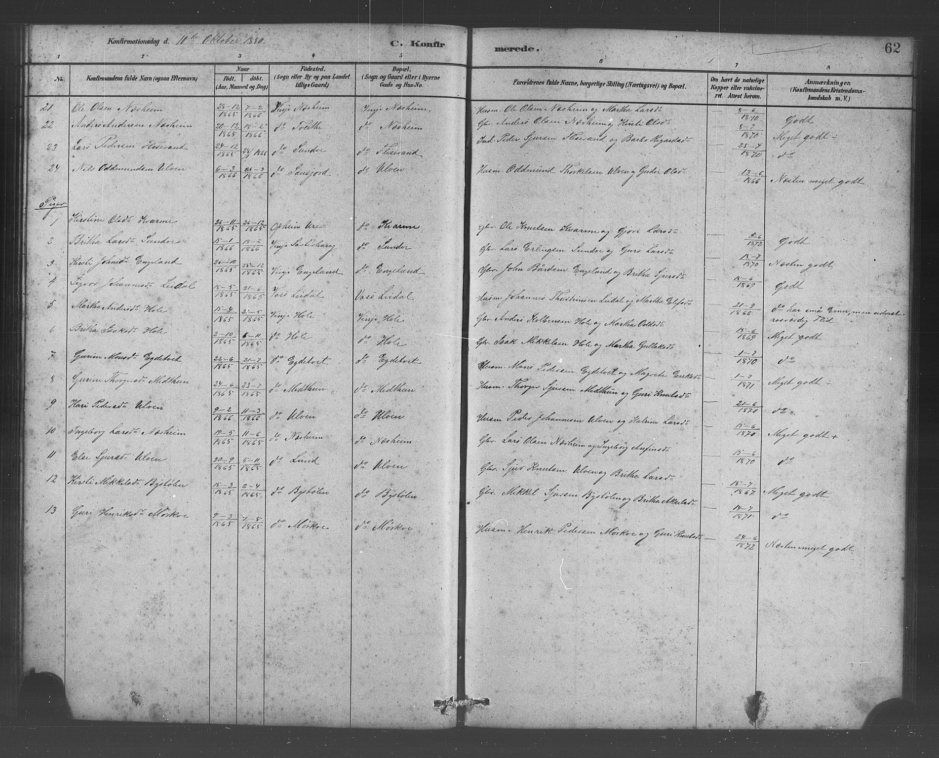 Vossestrand Sokneprestembete, AV/SAB-A-79101/H/Hab: Parish register (copy) no. B 3, 1880-1907, p. 62