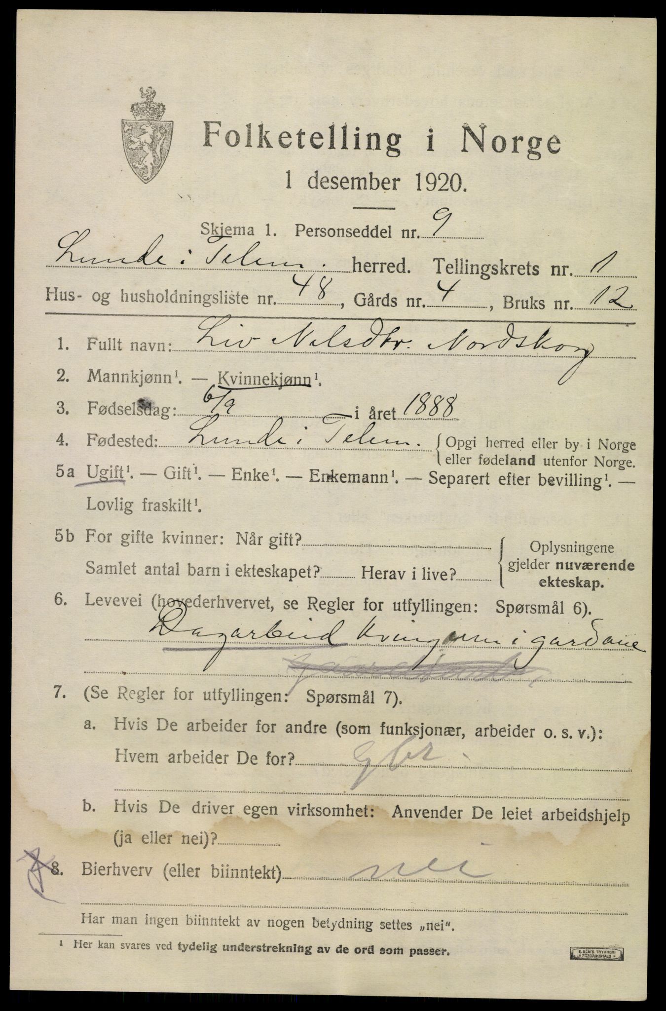 SAKO, 1920 census for Lunde, 1920, p. 1625