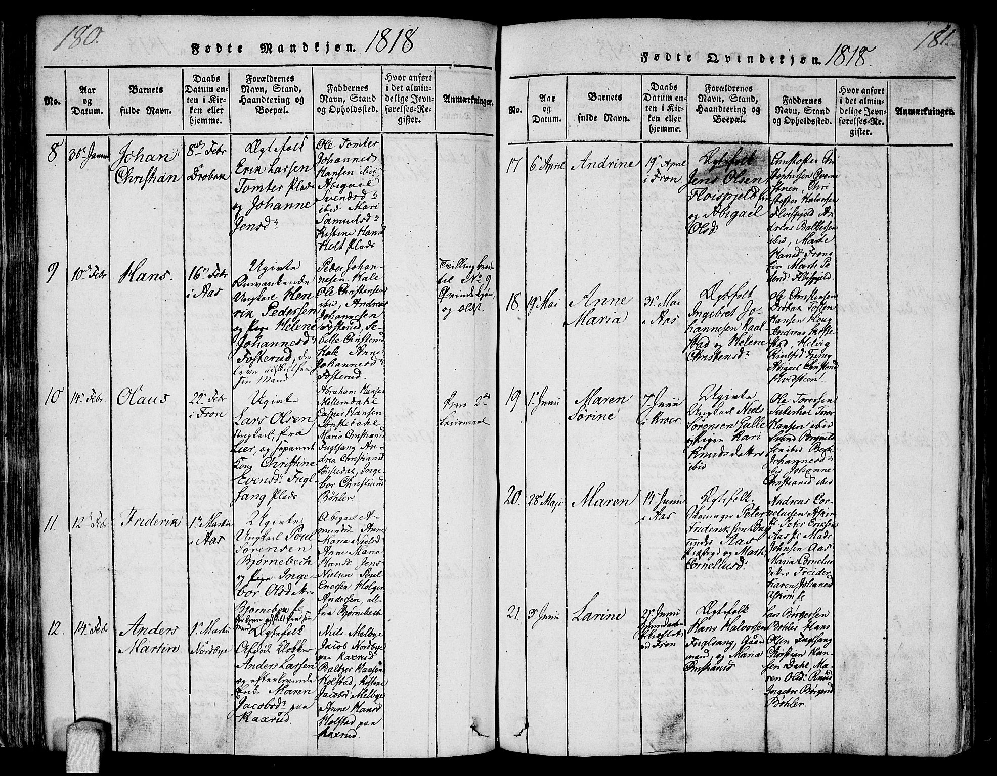 Ås prestekontor Kirkebøker, AV/SAO-A-10894/F/Fa/L0003: Parish register (official) no. I 3, 1814-1818, p. 180-181