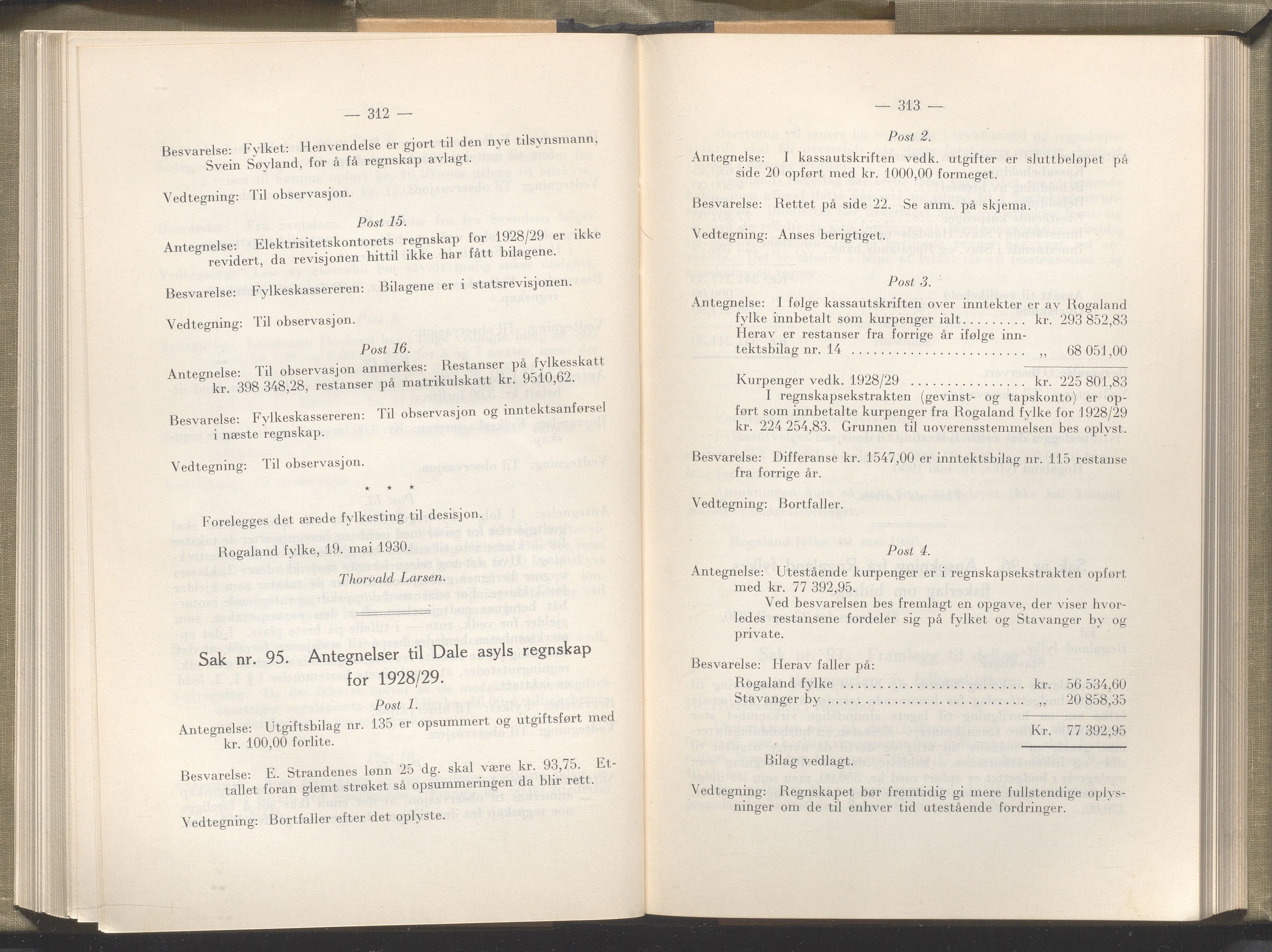 Rogaland fylkeskommune - Fylkesrådmannen , IKAR/A-900/A/Aa/Aaa/L0049: Møtebok , 1930, p. 312-313