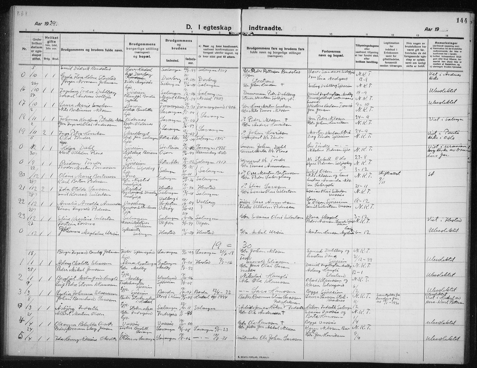 Salangen sokneprestembete, SATØ/S-1324/H/Ha/L0005klokker: Parish register (copy) no. 5, 1918-1937, p. 144