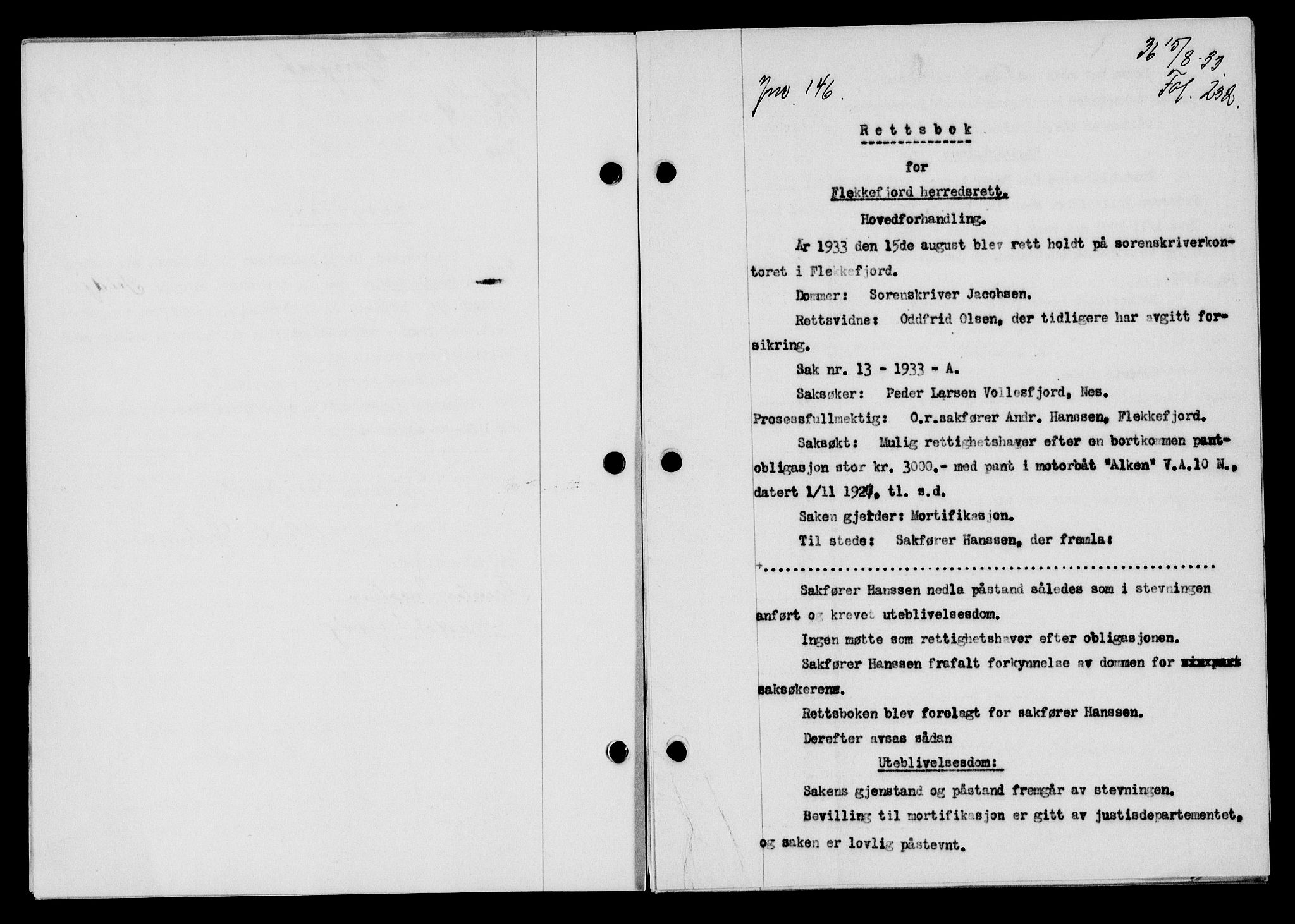 Flekkefjord sorenskriveri, SAK/1221-0001/G/Gb/Gba/L0049: Mortgage book no. 46, 1933-1934, Deed date: 15.08.1933