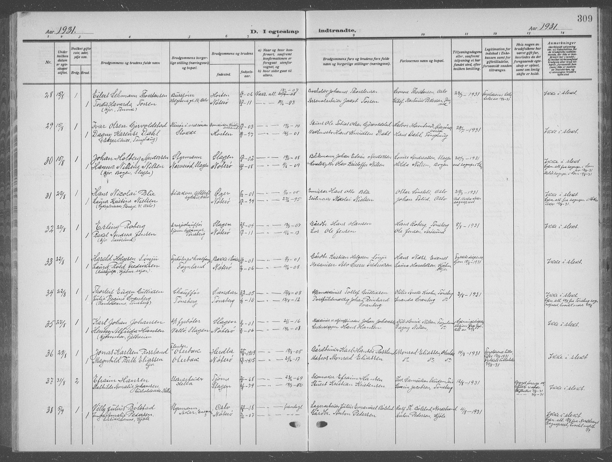 Nøtterøy kirkebøker, AV/SAKO-A-354/G/Ga/L0006: Parish register (copy) no. I 6, 1925-1939, p. 309