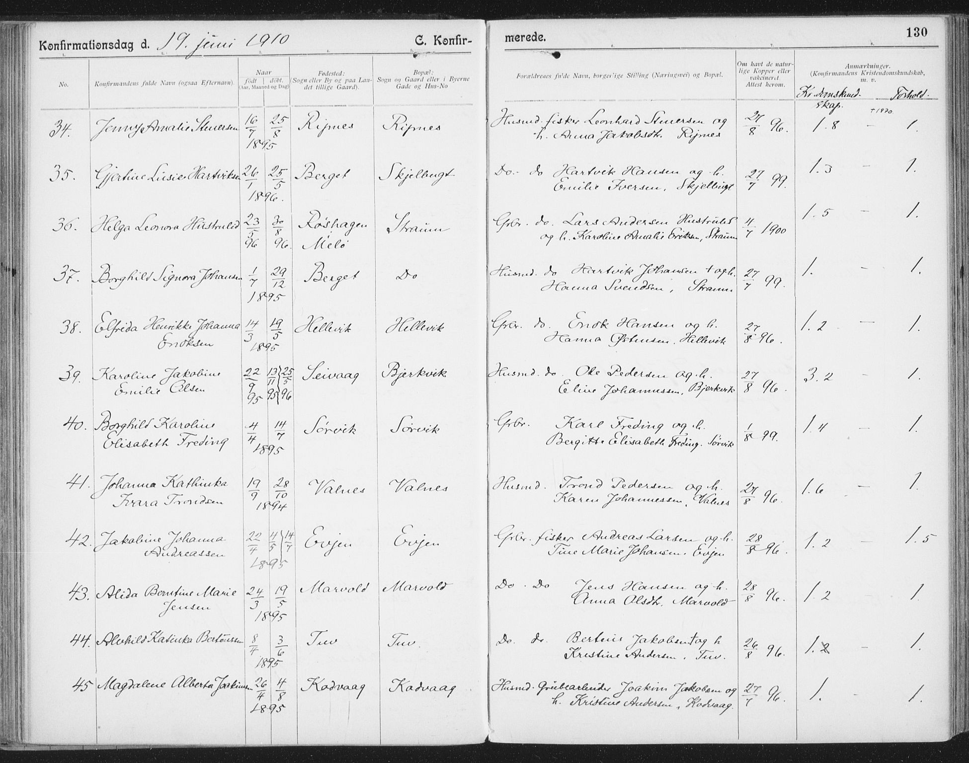 Ministerialprotokoller, klokkerbøker og fødselsregistre - Nordland, AV/SAT-A-1459/804/L0081: Parish register (official) no. 804A02, 1901-1915, p. 130