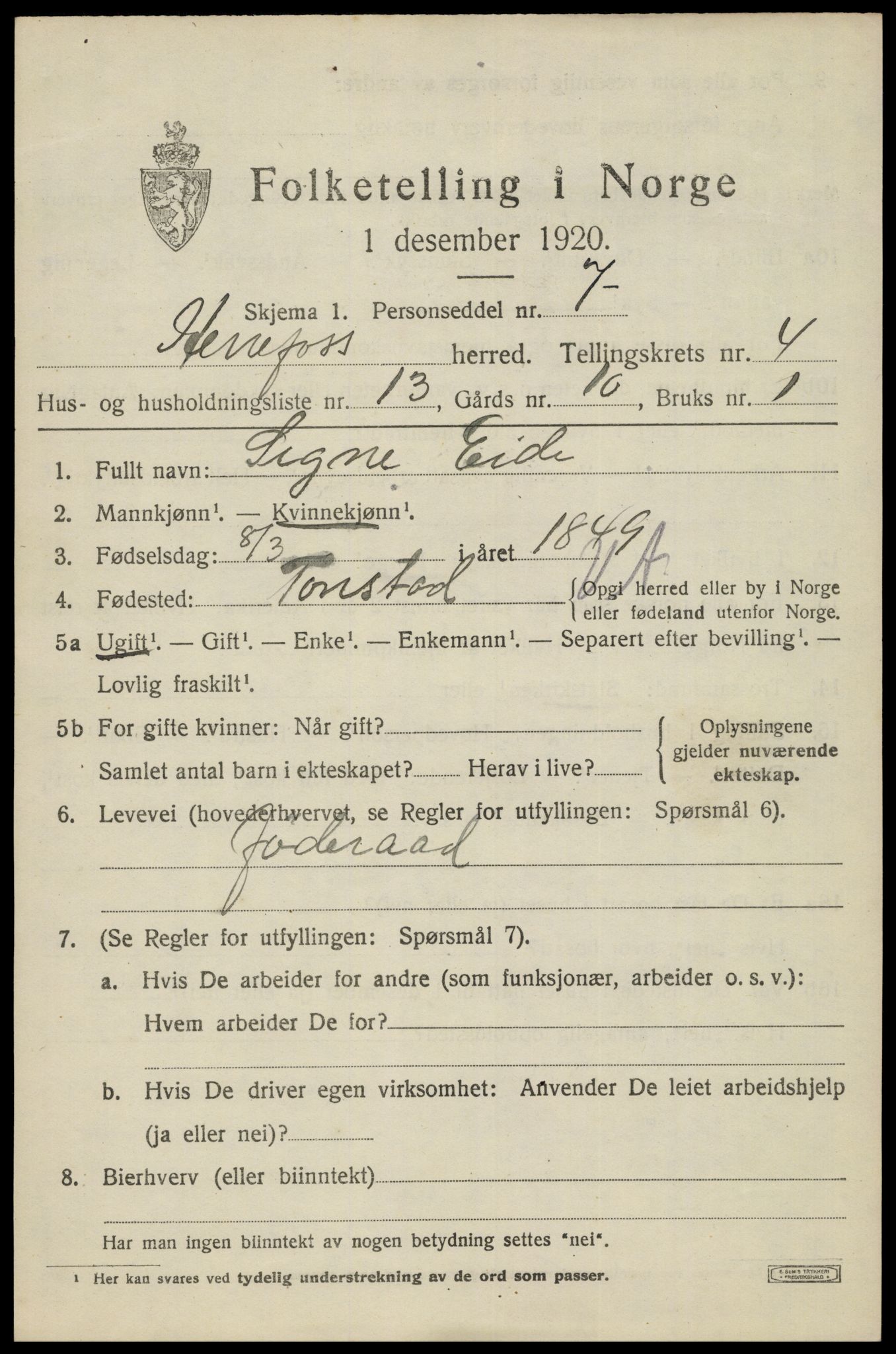 SAK, 1920 census for Herefoss, 1920, p. 912