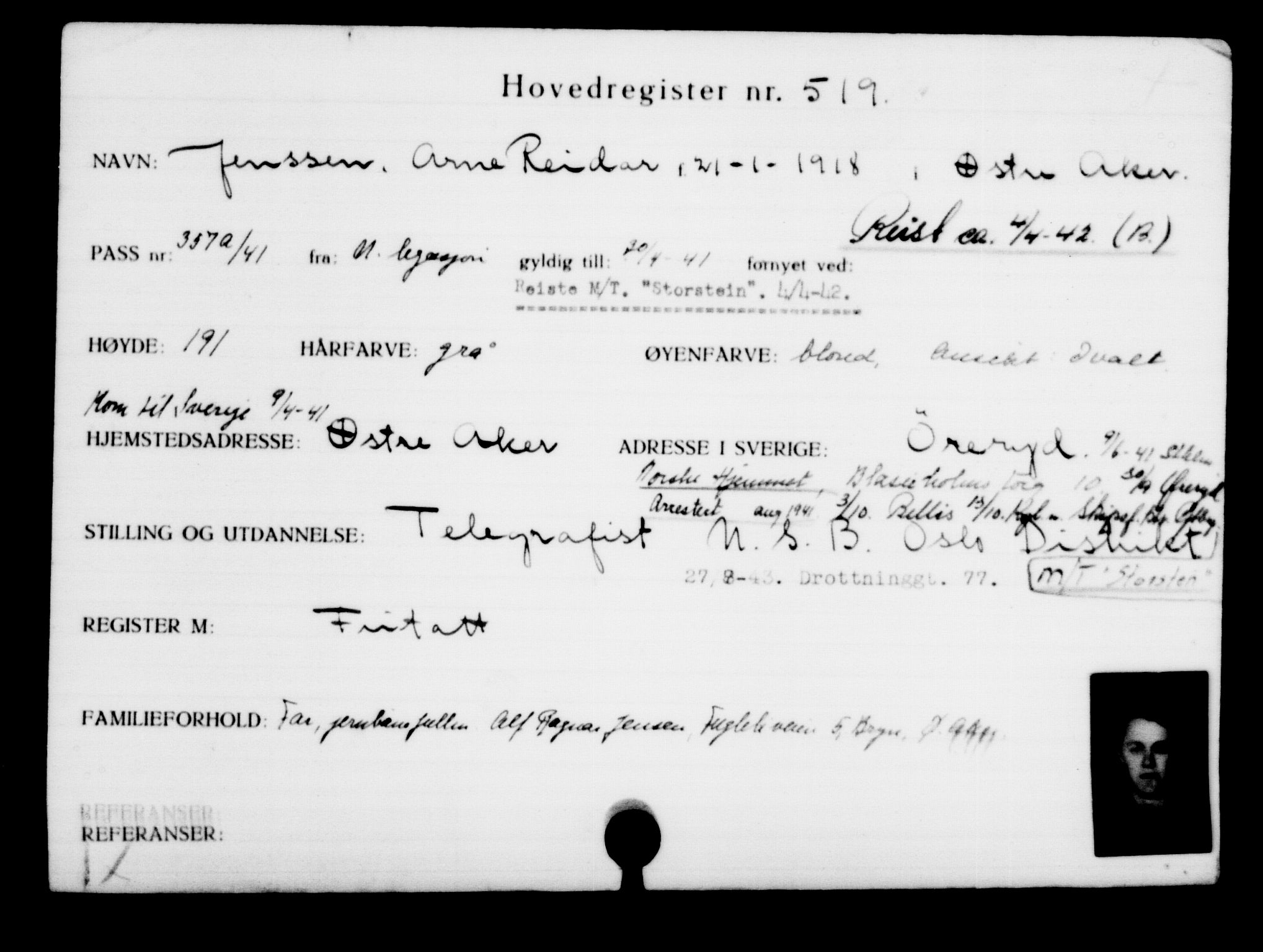 Utenriksstasjonene, Legasjonen i Stockholm, Flyktningkontoret, AV/RA-S-6753/V/Va/L0001: Kjesäterkartoteket, flyktninger med registreringsnr. 1-1000, 1940-1945, p. 801
