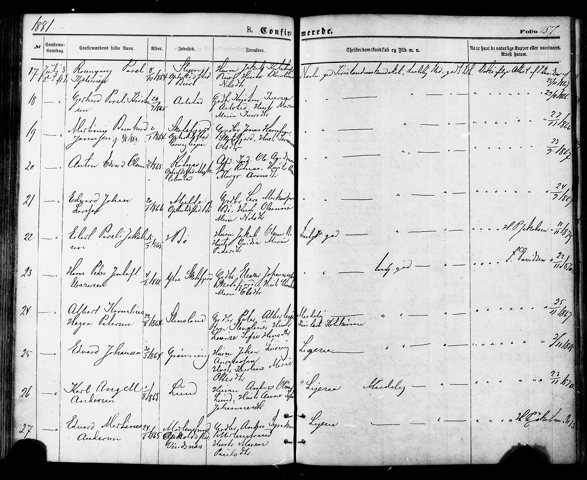 Ministerialprotokoller, klokkerbøker og fødselsregistre - Nordland, AV/SAT-A-1459/855/L0802: Parish register (official) no. 855A10, 1875-1886, p. 157